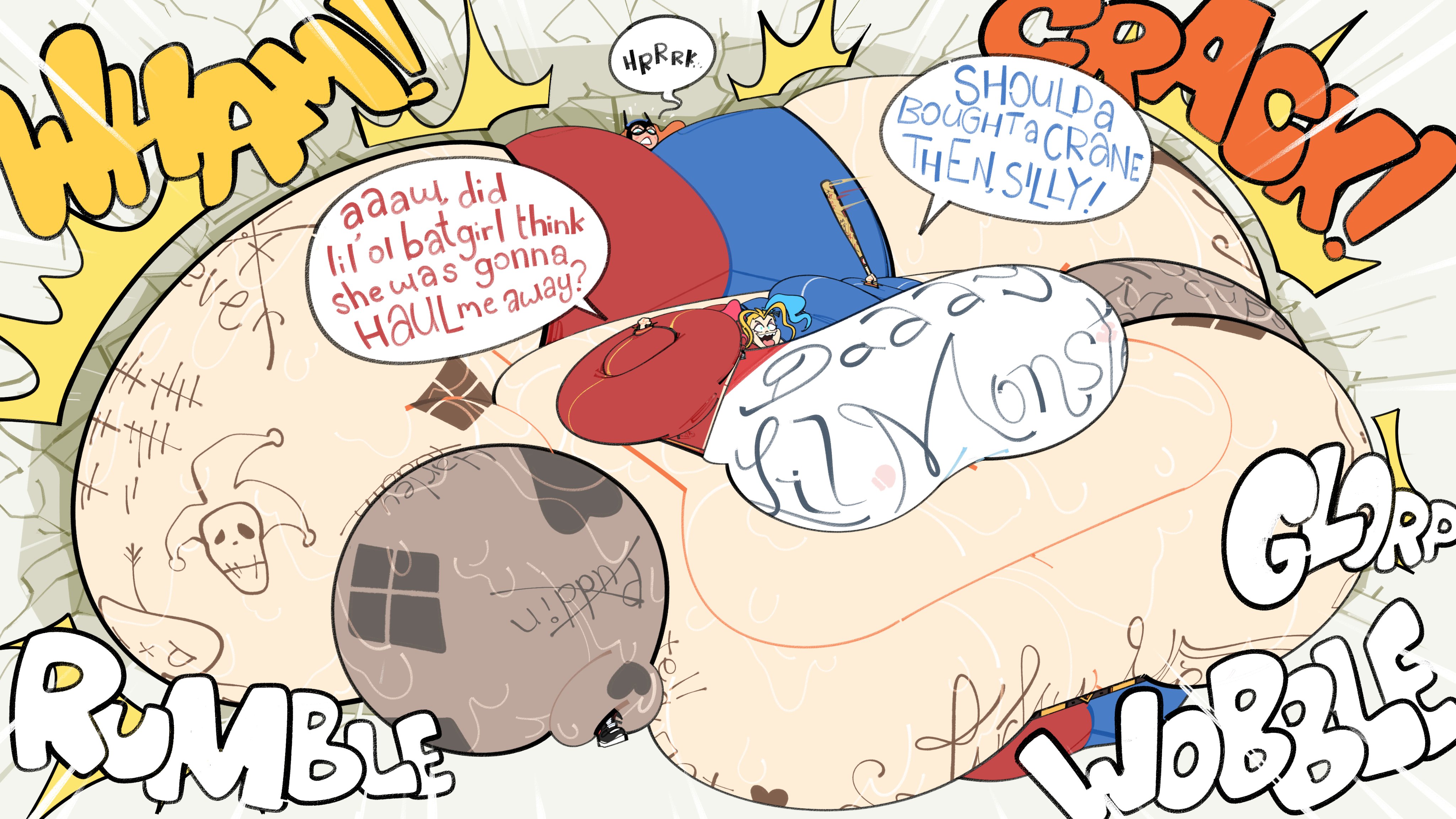 2girls, barbara gordon, baseball bat, batman (series), belly, belly overhang, belt, big belly, blonde hair, blue eyes, breasts, colossal ass, dc comics, dialogue bubble, english text, fat, female, female focus, female only, harley quinn, hips, hyper, hyper belly, hyper breasts, immobile, immobilization, inflation, large belly, large breasts, morbidly obese, morbidly obese female, obese, obese female, orange hair, overweight, overweight female, pinned, pinned to wall, pinned under ass, puntthepoodle, sharp teeth, stomach, sweat, sweating, sweaty, sweaty body, tattoo, text, thick thighs, thighs, tongue, tongue out, twintails, weight gain, what, wide hips