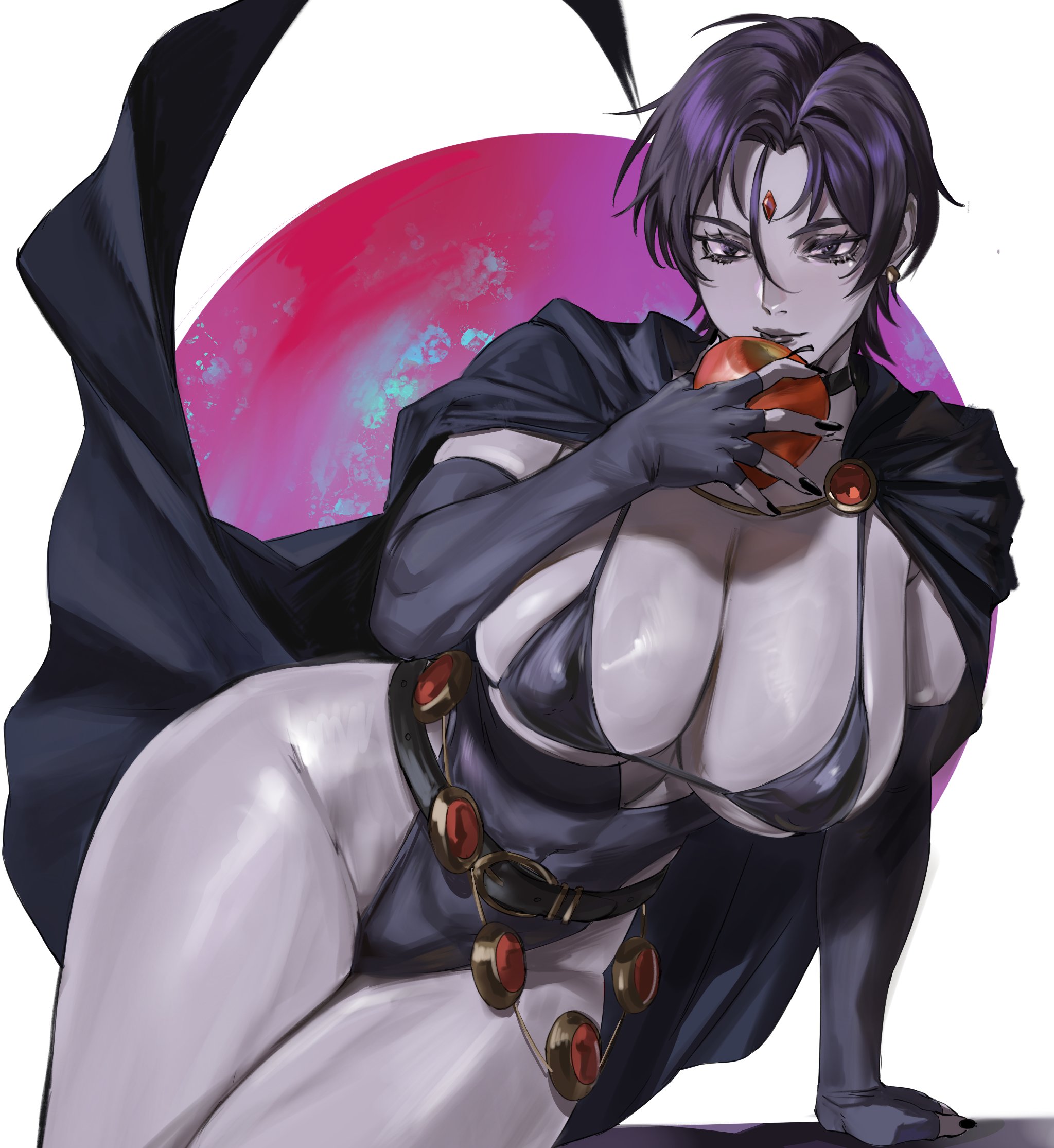 1girls, 2026, apple, breasts, dc, dc comics, female, female focus, female only, large breasts, looking at viewer, rachel roth, raven (dc), short hair, solo, taiyang yu, teen titans, thick thighs, thighs, wide hips