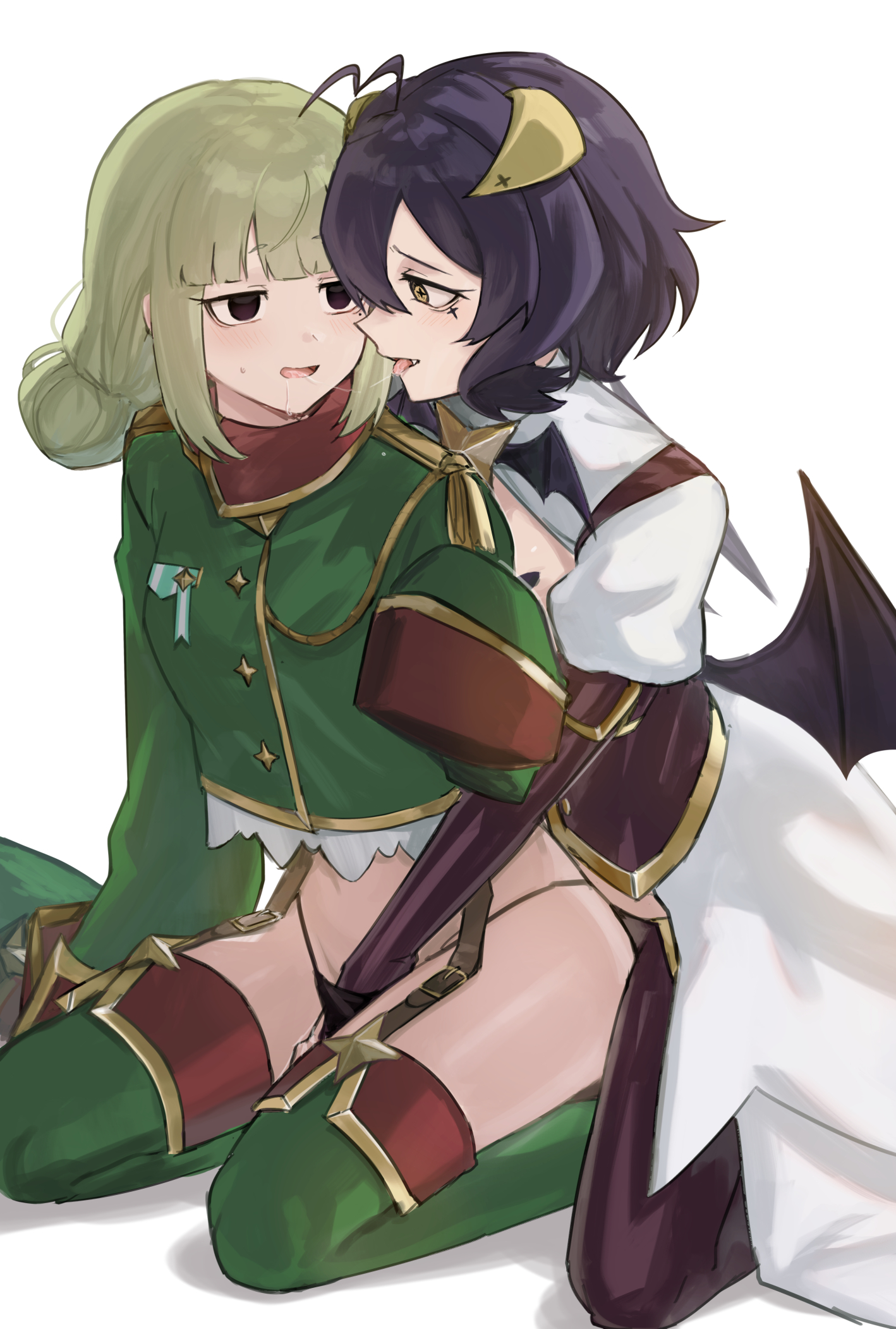 2024, 2girls, blonde hair, clothed, clothing, female only, fingering, fingering partner, hiiragi utena, isukn, leopard (mahou shoujo ni akogarete), looking at each other, magia baiser, mahou shoujo ni akogarete, platinum blonde hair, purple hair, pussy juice, saliva trail, symbol-shaped pupils, yuri