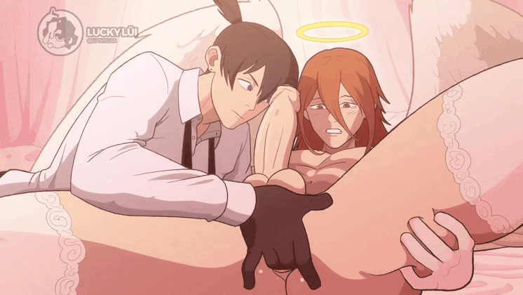 2boys, angel, angel devil (chainsaw man), animated, chainsaw man, erect penis, erection, femboy, feminine male, fingering, fingering ass, fingering partner, gay, gay male, halo, hayakawa aki, lingerie, loop, luckylui, male only, penis, red hair, testicles, thighhighs, thighs, wings, yaoi