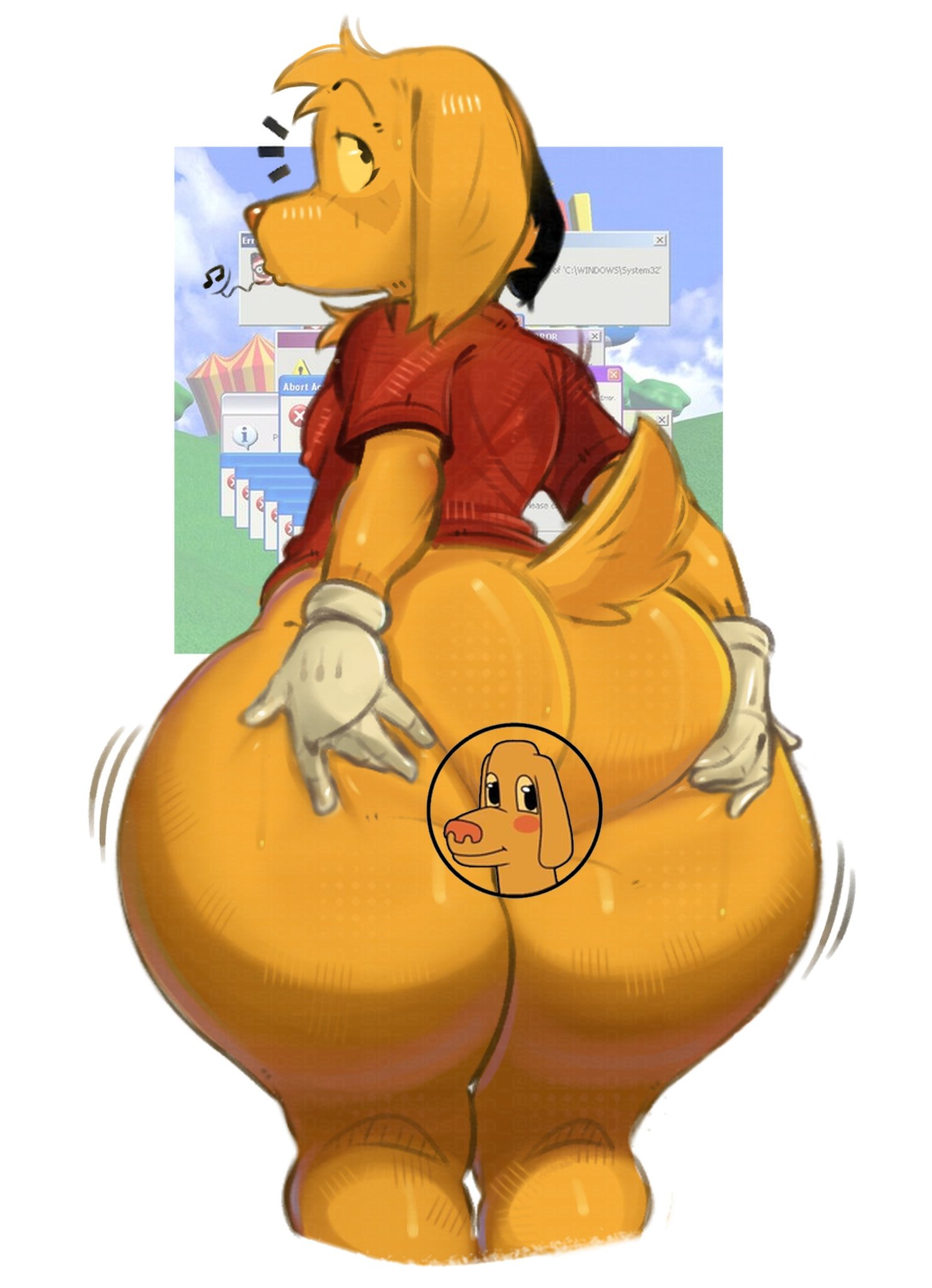 1boy, anthro, anthro only, ass, ass focus, ass grab, basicsdan, big thighs, bottomless, canine, censored, censored anus, domestic dog, facing viewer, femboy, femboy only, furry male, gay, glitch productions, gloves, looking up, red shirt, scratch (tadc), scratch (the amazing digital circus), tail, the amazing digital circus, whistling