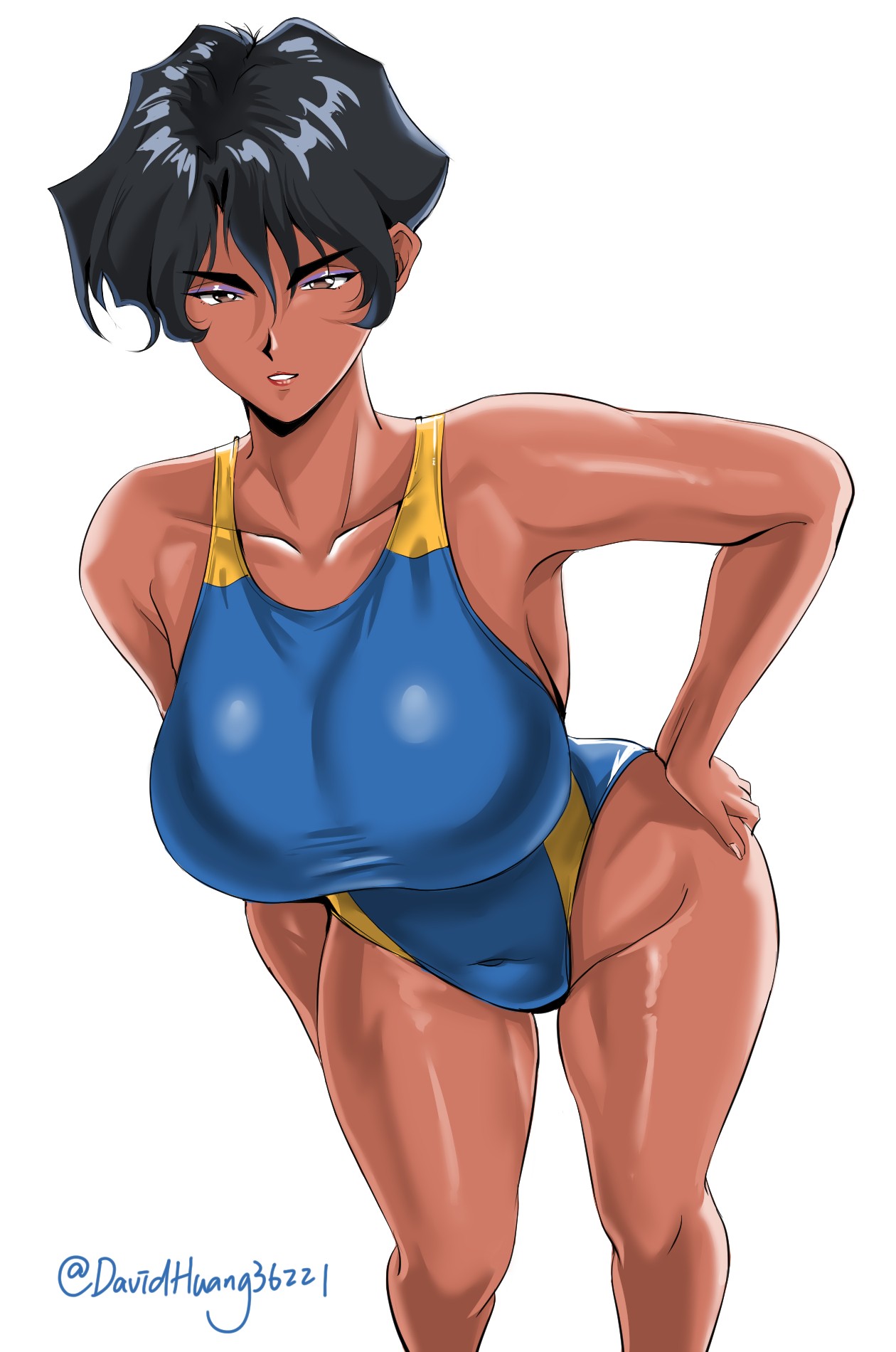 1girls, ayuko hayami, big breasts, black hair, blue eyeshadow, blue swimsuit, breasts, brown eyes, dark skin, dark-skinned female, davidhuang36221, eyeshadow, female, female only, golden boy, hair, hand on hip, hips, huge breasts, looking at viewer, one-piece swimsuit, short hair, solo, solo female, swimsuit, swimwear, thick thighs, thighs, wide hips
