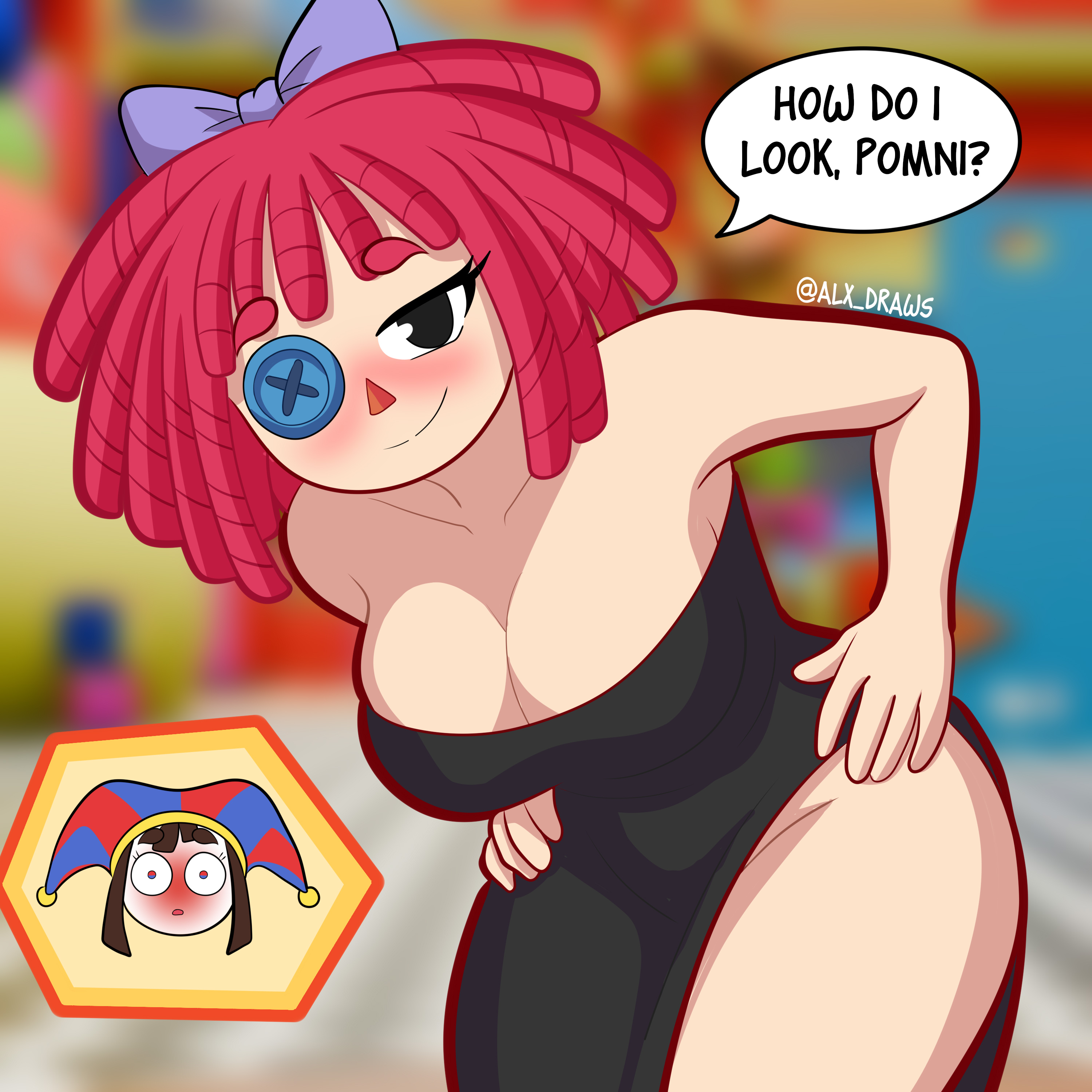 alxdraws, artist signature, bent over, big thighs, black bodysuit, black dress, blush, bodysuit, bright colors, button detail, button eye, cartoon style, clean lineart, cleavage, confident smile, curvy body, digital art, doll aesthetic, doll girl, fabric stretch, focus on legs, glossy legs, half lidded eyes, hands on thighs, humanoid character, large breasts, leaning forward, long legs, looking at viewer, mischievous expression, narrow waist, outfit, over the shoulder, playful pose, pomni, pomni (tadc), pomni (the amazing digital circus), pose ass, ragatha, ragatha (pub outfit), ragatha (tadc), ragatha (the amazing digital circus), red hair, shiny fabric, side boob, simple background, skintight, soft shading, stylized anatomy, teasing expression, the amazing digital circus, thick thighs, thigh highs, wide hips, yuri