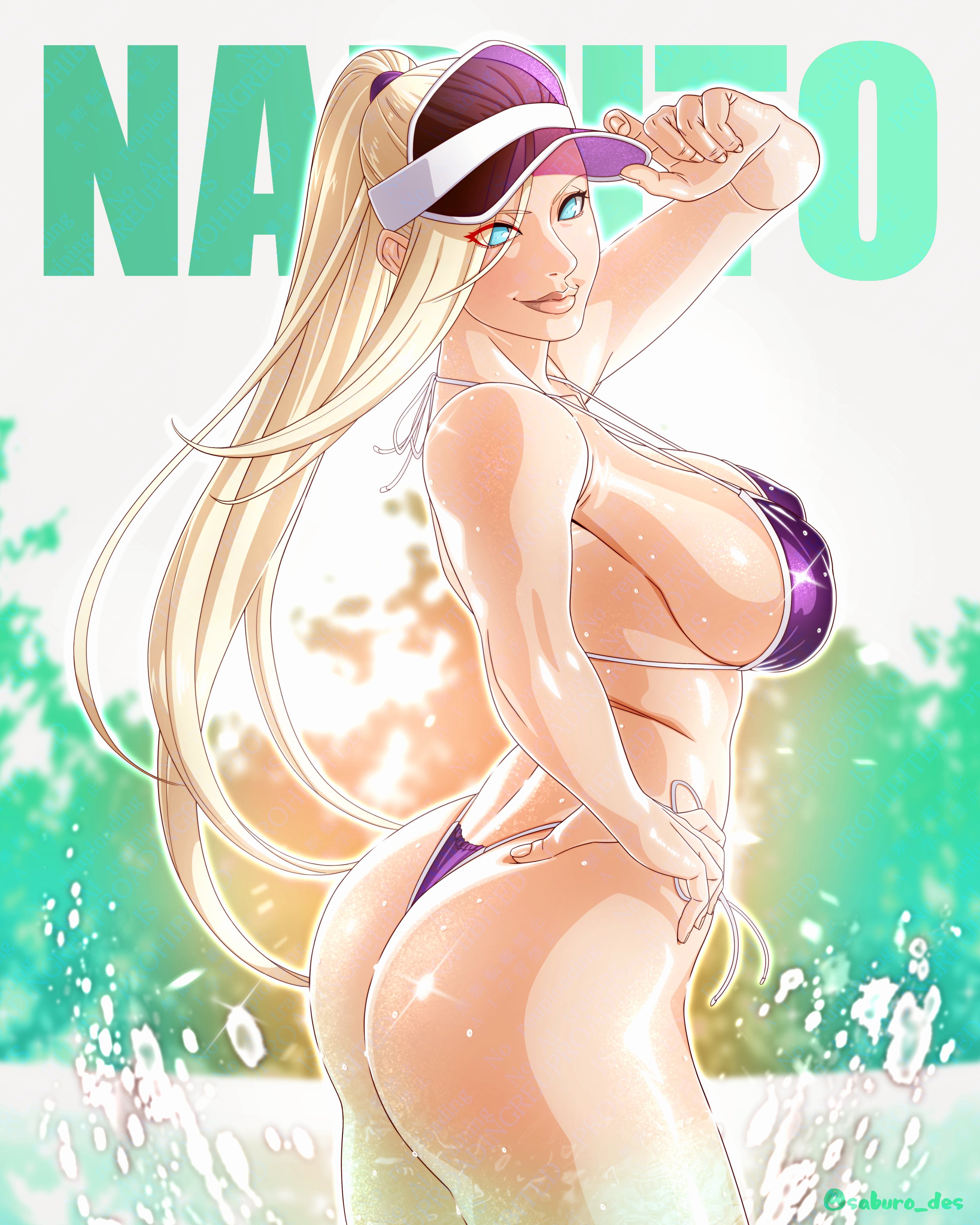 1girls, ass, big ass, big breasts, bikini, bikini bottom, bikini top, blonde hair, blue eyes, bottomwear, breasts, english, english text, female, female only, hair, hat, headwear, ino yamanaka, lips, naruto, naruto (series), ponytail, pose, posing, purple bikini, saburo des, side view, sideboob, smile, solo, solo female, sparkles, swimwear, text, tied hair, topwear, visor, visor cap, watermark