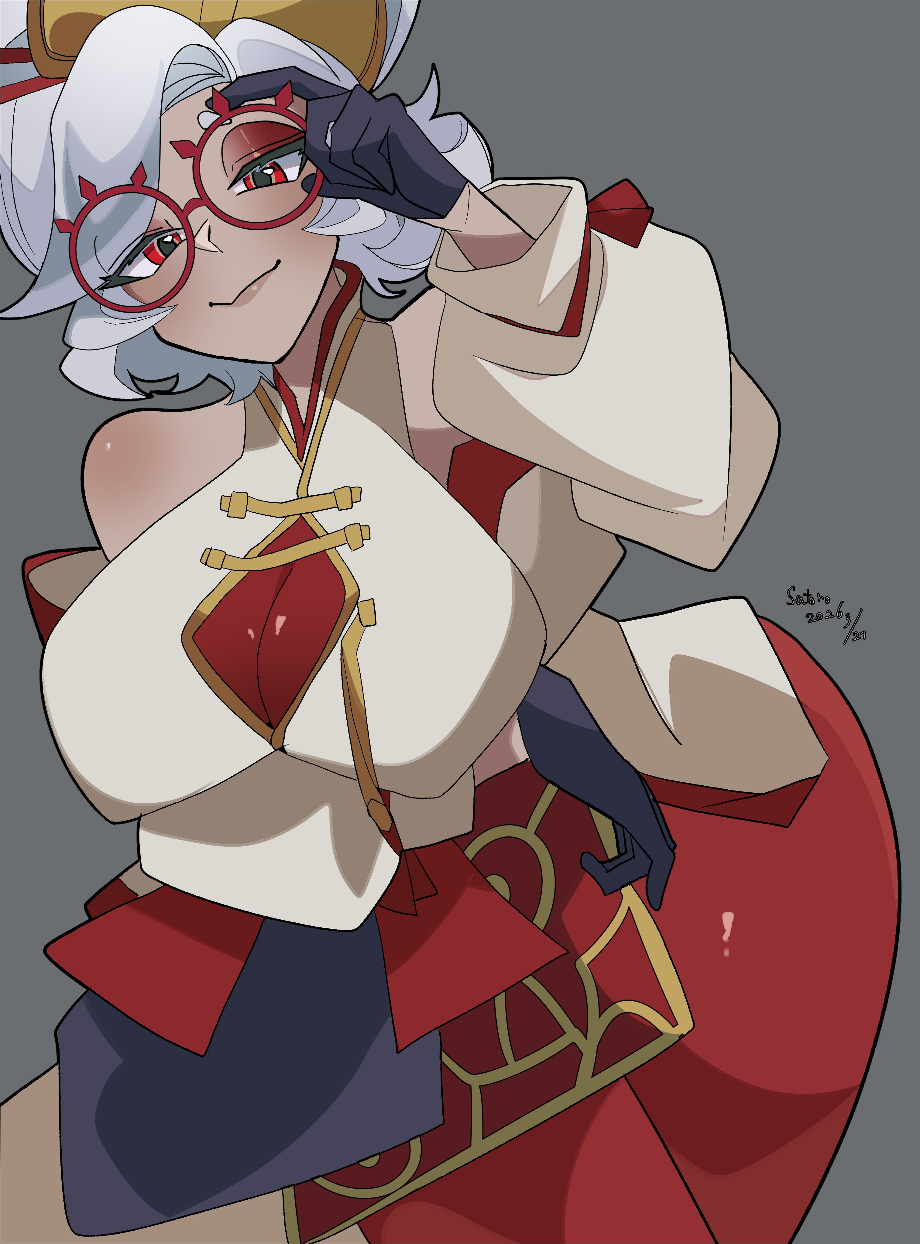 artist name, bare shoulders, big breasts, breasts, commentary, dated, female, female only, grey background, grin, hair ornament, hair stick, highres, large breasts, looking at viewer, nintendo, pantyhose, purah, purah (tears of the kingdom), red eyes, red-framed eyewear, round eyewear, satoro301, simple background, smile, solo, tears of the kingdom, the legend of zelda, untranslatable commentary, white hair