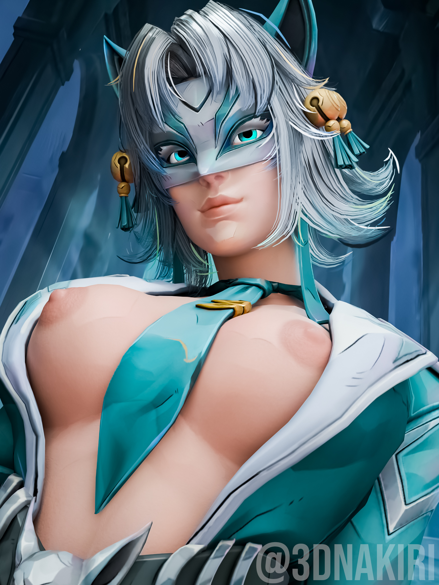 1girls, 3d, 3d (artwork), 3dnakiri, ami han, animal ears, breasts, breasts out, female, female focus, female only, fox ears, fox girl, large breasts, looking at viewer, marvel, marvel comics, marvel rivals, mask, masked, masked female, nipples, no shirt, short hair, solo, solo female, solo focus, suit, suit and tie, suit jacket, suit pants, tie, tie between breasts, white fox (marvel rivals), white fox (marvel), white hair
