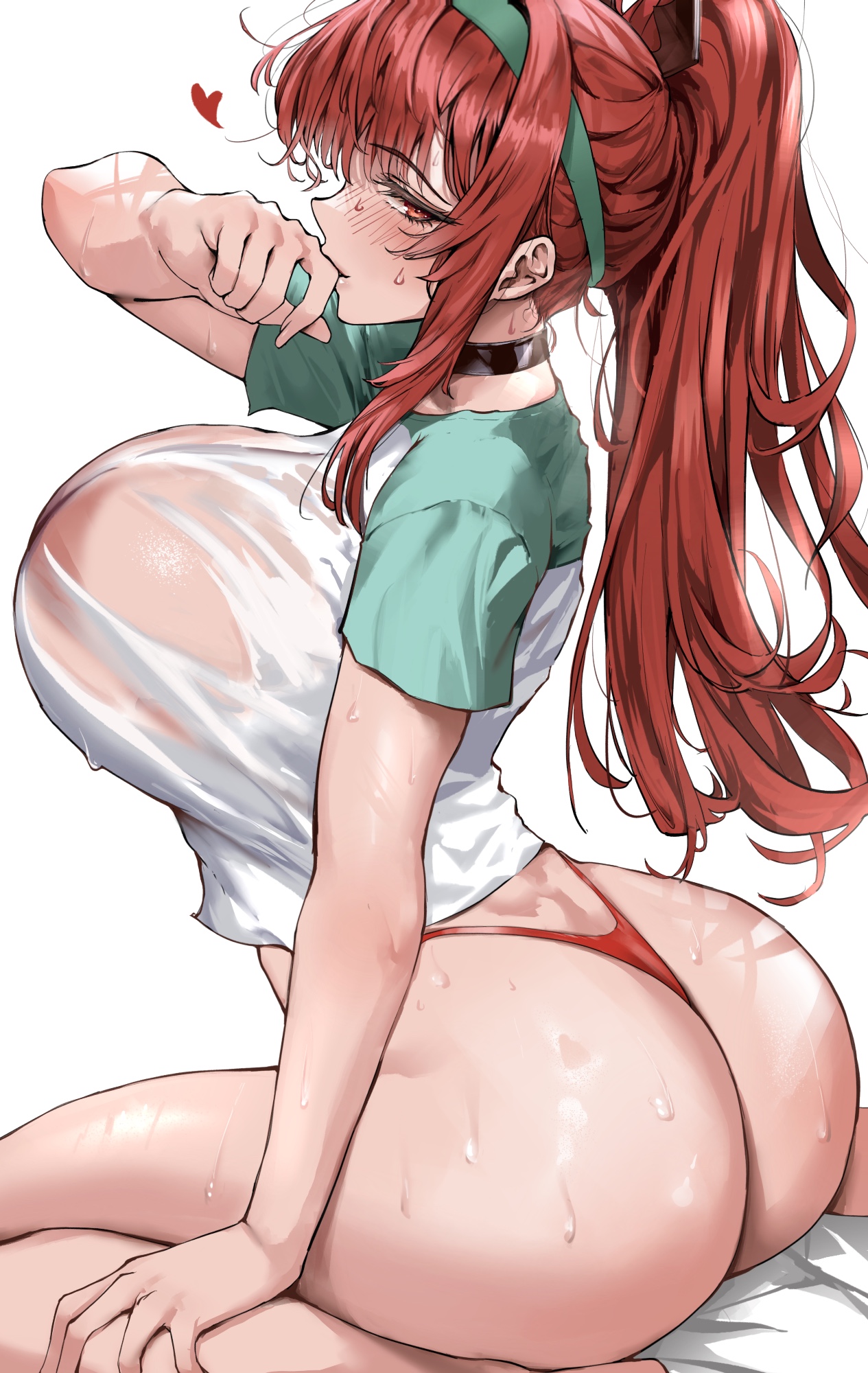1girls, 2025, 2d, 2d (artwork), ass, big ass, big breasts, biting finger, busty, curvy, duchessofarmeria, female, goddess of victory: nikke, headband, huge breasts, large ass, large breasts, rapi (nikke), rapi (red hood) (nikke), rapi (red hood) (red flavor) (nikke), red eyes, red hair, seductive, see-through, see-through clothing, shirt, solo, summer, sweat, tagme, thong, thong bikini, wet, wet body, wet clothes, wet skin