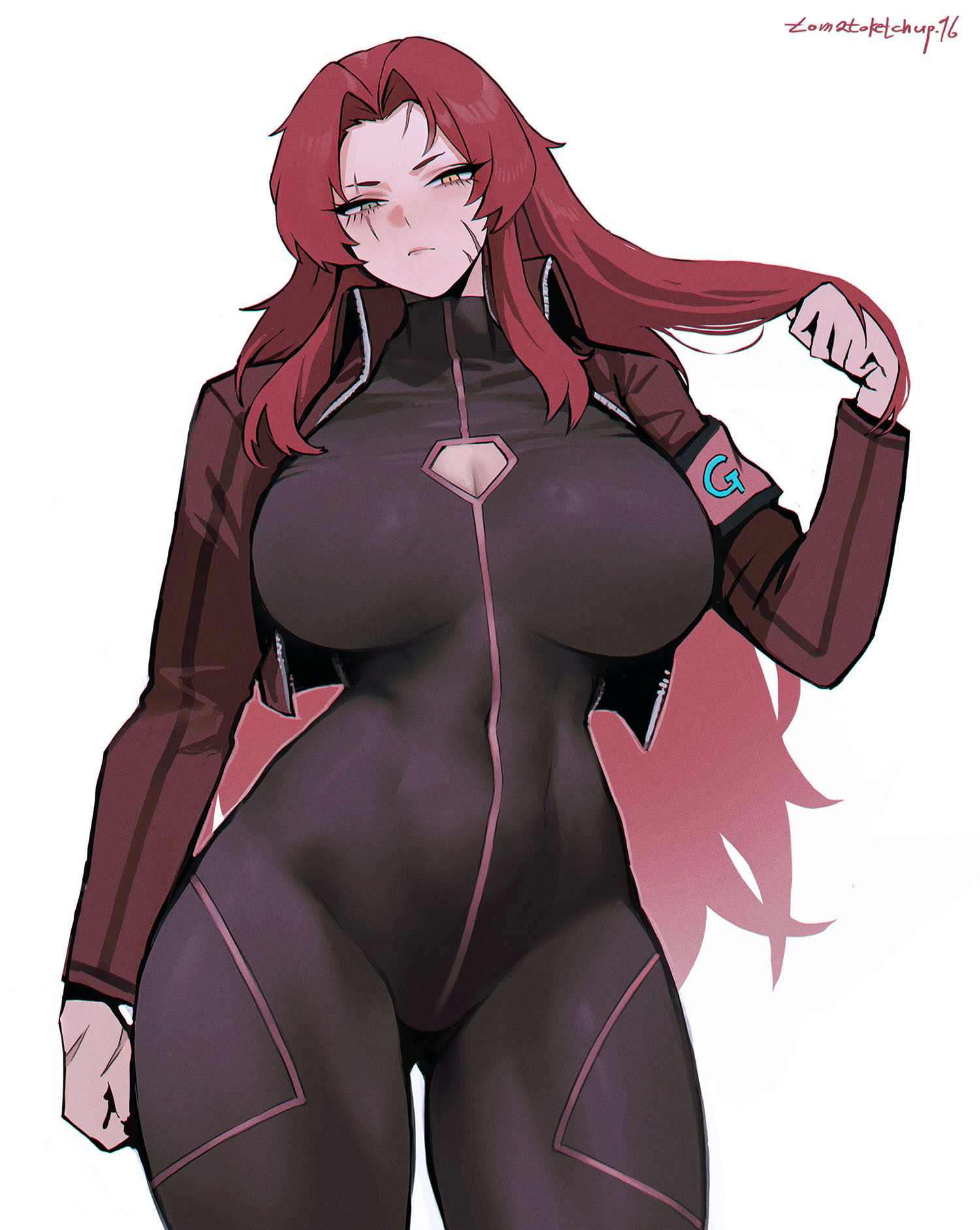1girls, big breasts, bodysuit, boob window, breasts, breasts bigger than head, clothed female, clothing, female, female only, fully clothed, gebura (lobotomy corporation), heterochromia, lobotomy corporation, long hair, long sleeves, project moon, red hair, scar, solo, solo female, tagme, tight clothing, tomatoketchup96