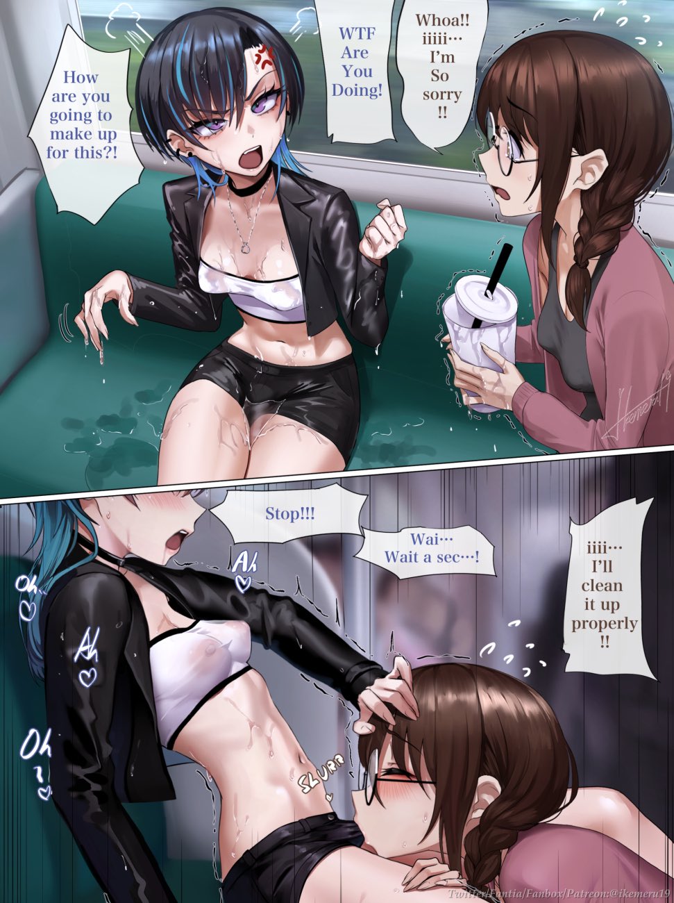 1futa, 1girls, 2d, 2d (artwork), bandeau, black choker, black leather jacket, braided ponytail, brown hair, choker, cropped jacket, english text, female, futa on female, futanari, glasses, ikemeru19, jacket, leather jacket, long hair, multicolored hair, necklace, ponytail, see-through, see-through bra, see-through clothes, see-through clothing, see-through top, short hair, short shorts, spats, tubetop