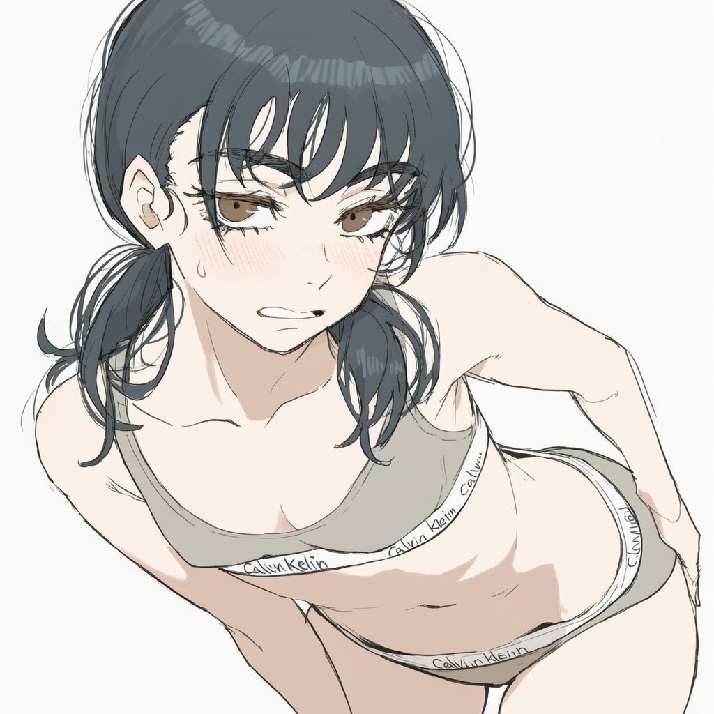 1girls, asian, asian female, bending forward, bending over, black hair, black hair female, blush, blushing, blushing at viewer, breasts, brown eyes, brown eyes female, brown hair, brown hair female, chainsaw man, female, female focus, female only, japanese, japanese female, light blush, light skin, light-skinned female, looking at viewer, manga, mitaka asa, small boobs, small breasts, solo, solo female, solo focus, thick eyesbrows, underwear