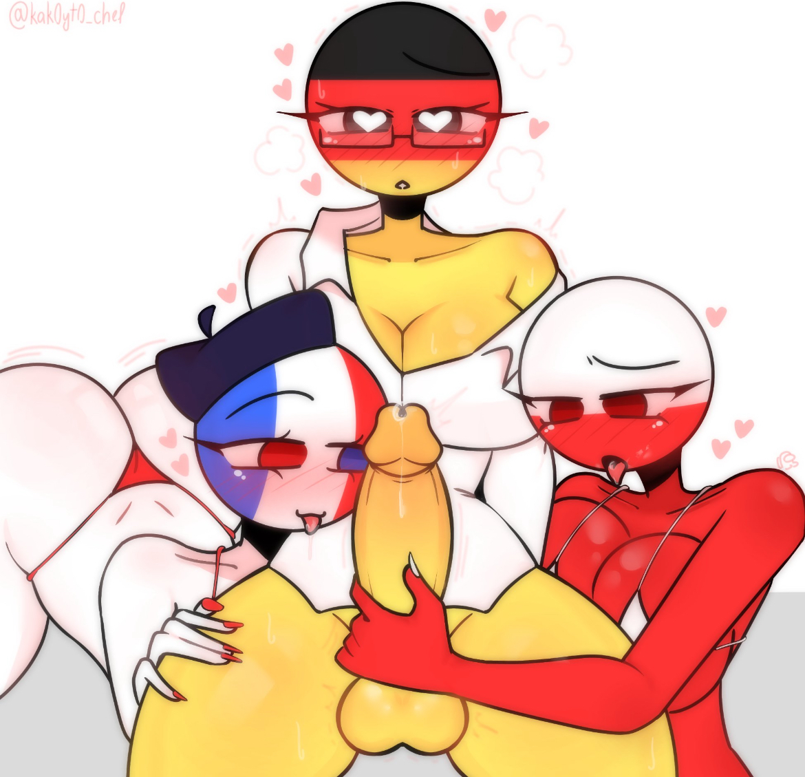1dickgirl, 1futa, 2female, 2girls, among us reference, artist name, artist signature, big ass, big breasts, bikini, blush, blushing at viewer, clothing, countryhumans, countryhumans girl, dickgirl, female, france (countryhumans), futa on female, futa with female, futanari, germany (countryhumans), glasses, hand on dick, hand on penis, hand on thigh, heart-shaped pupils, hearts around head, jerking off another, jerking penis, jerkingoff another, kak0yt0 chel, licking cum, licking semen, looking at viewer, nervous female, nervous futa, poland (countryhumans), red bikini, red skin, thong, tongue out, white bikini, white skin, wiggling ass, yellow cock, yellow dick, yellow penis, yellow skin