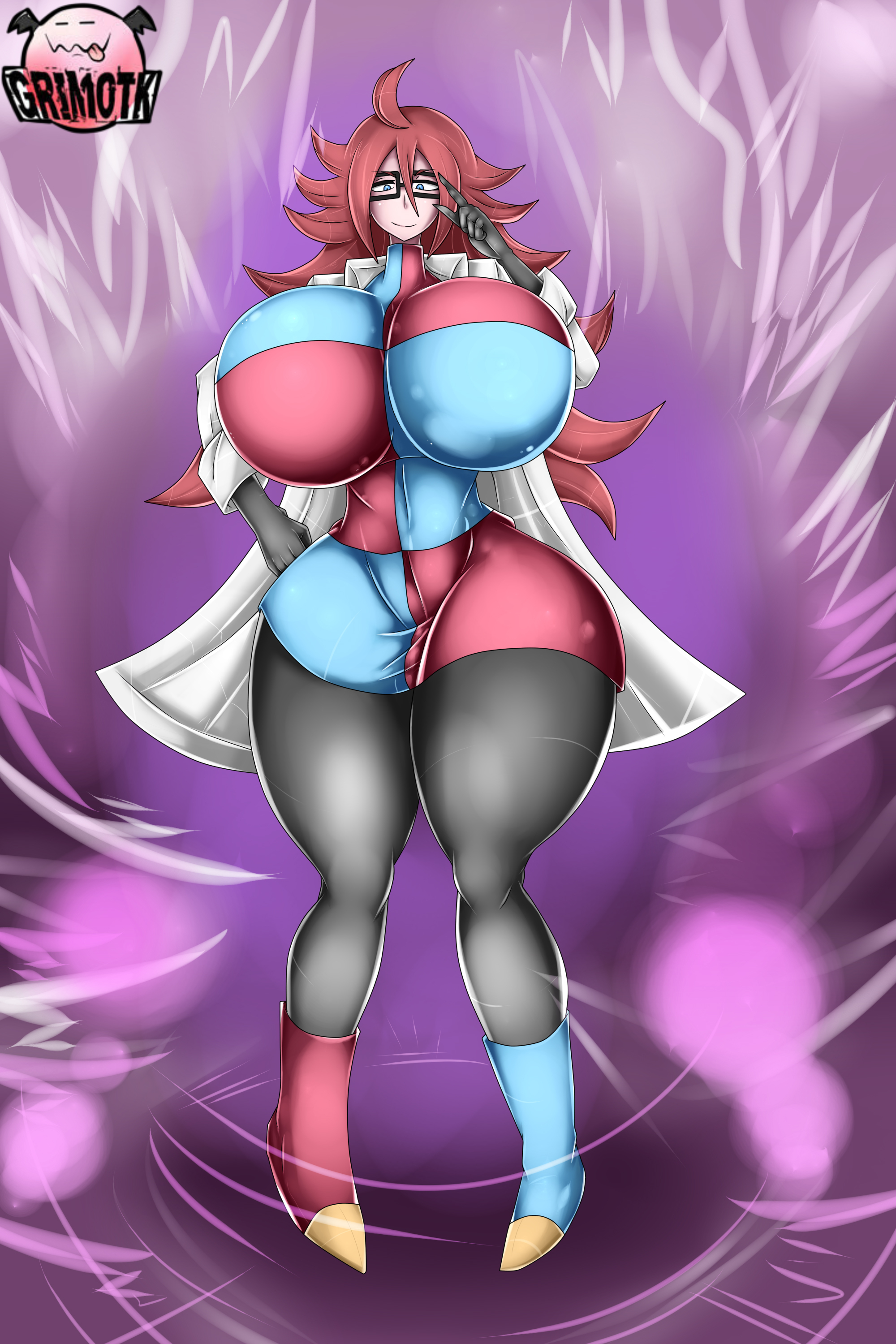 android 21, android 21 (human), big breasts, bimbo, black gloves, blue eyes, breasts, breasts bigger than head, brown hair, clothed, clothes, clothing, dragon ball, dragon ball fighterz, dragon ball z, female, female only, full body, fully clothed, glasses, grimotk, hourglass figure, huge breasts, hyper breasts, labcoat, looking at viewer, milf, smirk, thick thighs, thighs, wild hair