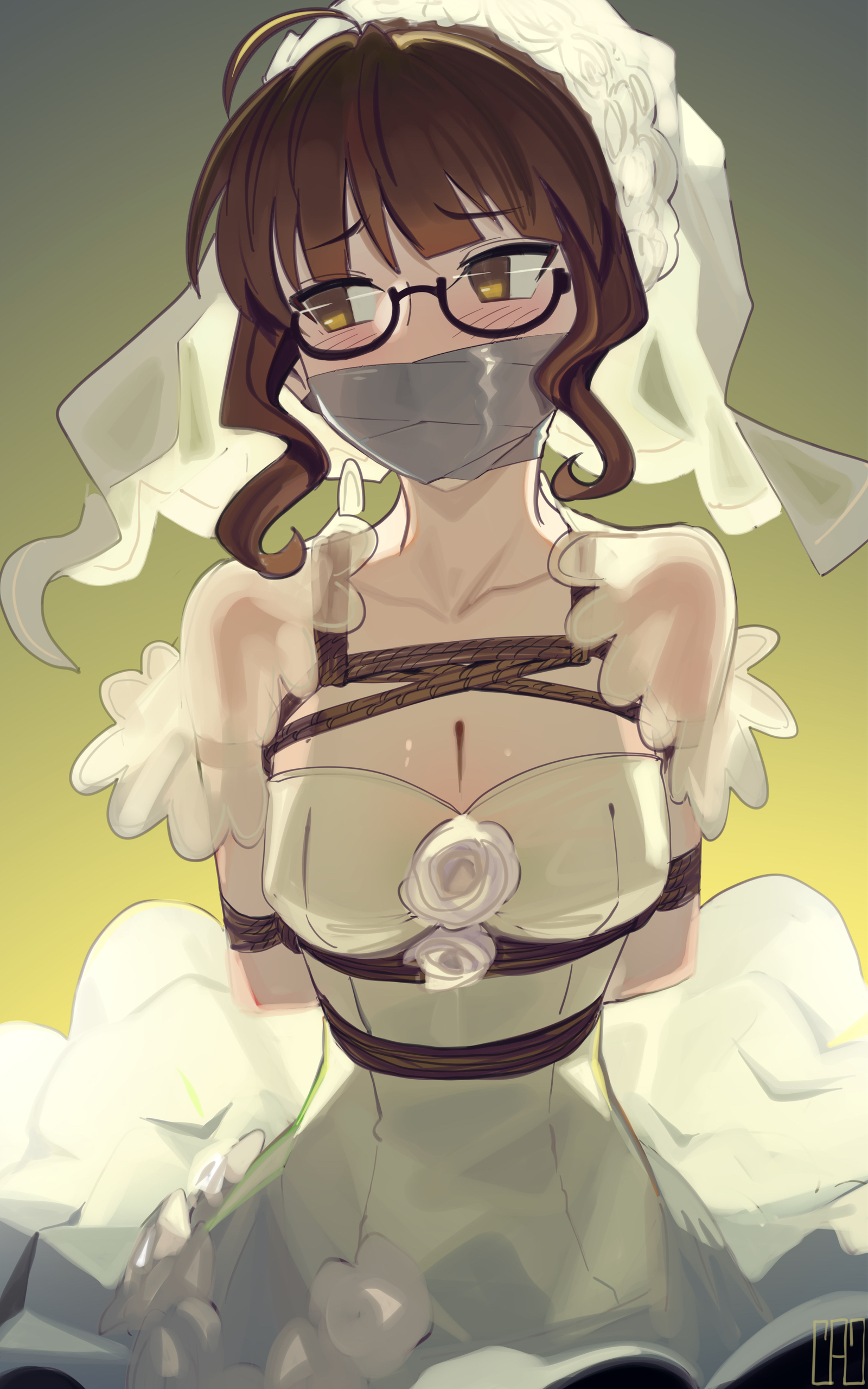 1girls, akizuki ritsuko, alternate version available, arms behind back, artist name, blush, bondage, bound arms, breasts, bridal veil, bride, brown eyes, brown hair, cad (caddo), cleavage, clothing, dark room, dim lighting, dress, embarrassed, embarrassed female, embarrassing outfit, female, female focus, femsub, first person view, forced, forced clothes wearing, forced marriage, forced wedding, fully clothed, gag, gagged, glasses, helpless, high resolution, highres, humiliation, idolmaster, idolmaster (classic), imminent rape, indoors, kaddo, kidnapped, light-skinned female, long hair, maledom, medium breasts, megane, nervous, nervous expression, offscreen character, offscreen male, ponytail, restrained, restrained arms, rope, rope bondage, rope harness, rose, scared, scared expression, story at source, tape, tape gag, taped mouth, tied hair, veil, wedding dress, wedding veil, white dress, white rose, worried, worried expression