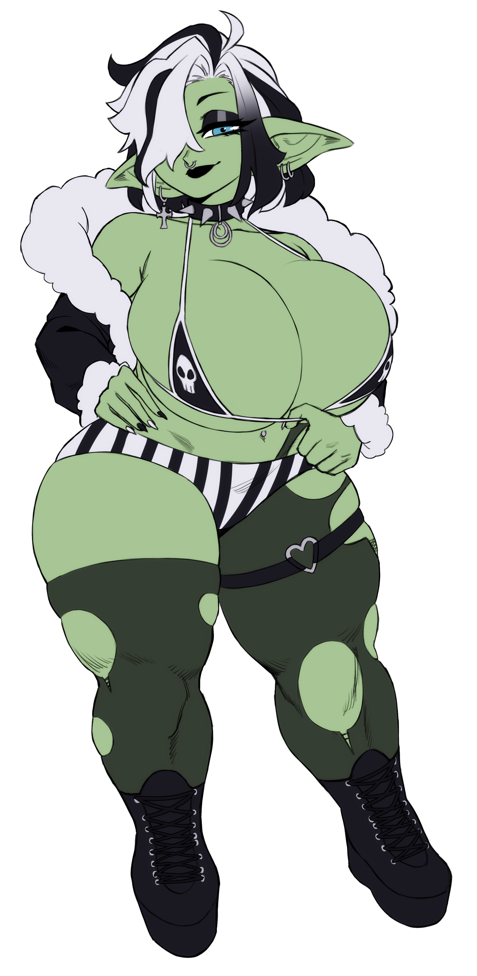 1girls, 2024, absurd res, ashlynn (darkscar), big breasts, bikini top, black eyeshadow, black hair, black lipstick, black thighhighs, blue eyes, boots, earrings, female, female only, flat colors, full body, fur jacket, goblin, goblin female, goth, green skin, hair over one eye, huge breasts, jacket, jacket off shoulders, looking at viewer, medium hair, narrowed eyes, pointy ears, short shorts, shorts, simple background, smiling, smiling at viewer, solo, sotcho, spiked collar, thick thighs, thigh strap, thighhighs, torn thighhighs, two-tone hair, white background, white hair