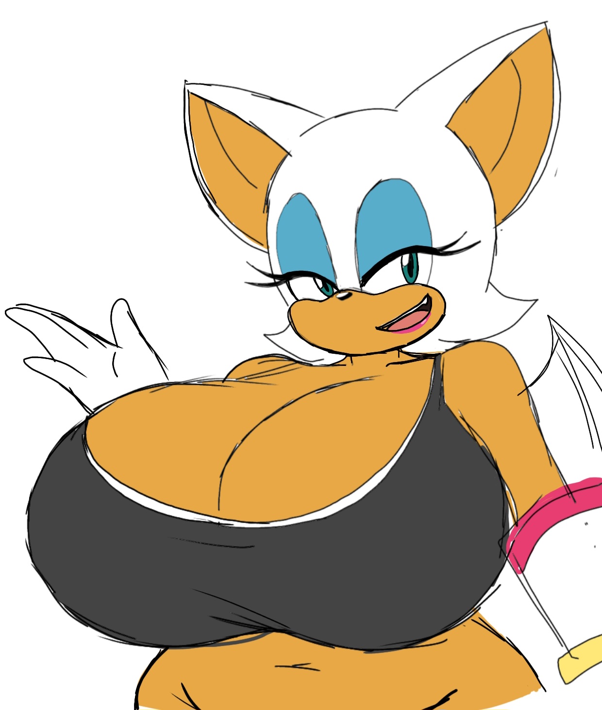 2026, 2d, 2d artwork, bat, bat ears, belly out, big breasts, big cleavage, big ears, black clothing, black nose, blue eyeshadow, bra, breasts bigger than head, cleavage, eyelashes, fangs, flat color, half-closed eyes, high quality, high resolution, huge breasts, long eyelashes, looking at viewer, mobian (species), momiji (artist), open mouth, pink lipstick, rouge the bat, sega, sketchy, smile, smiling, sonic (series), sonic the hedgehog (series), sports bra, sportswear, tagme, tan body, tan skin, teal eyes, tits bigger than head, upper body, waving, white background, white fur, white gloves, white hair, wide hips, wings