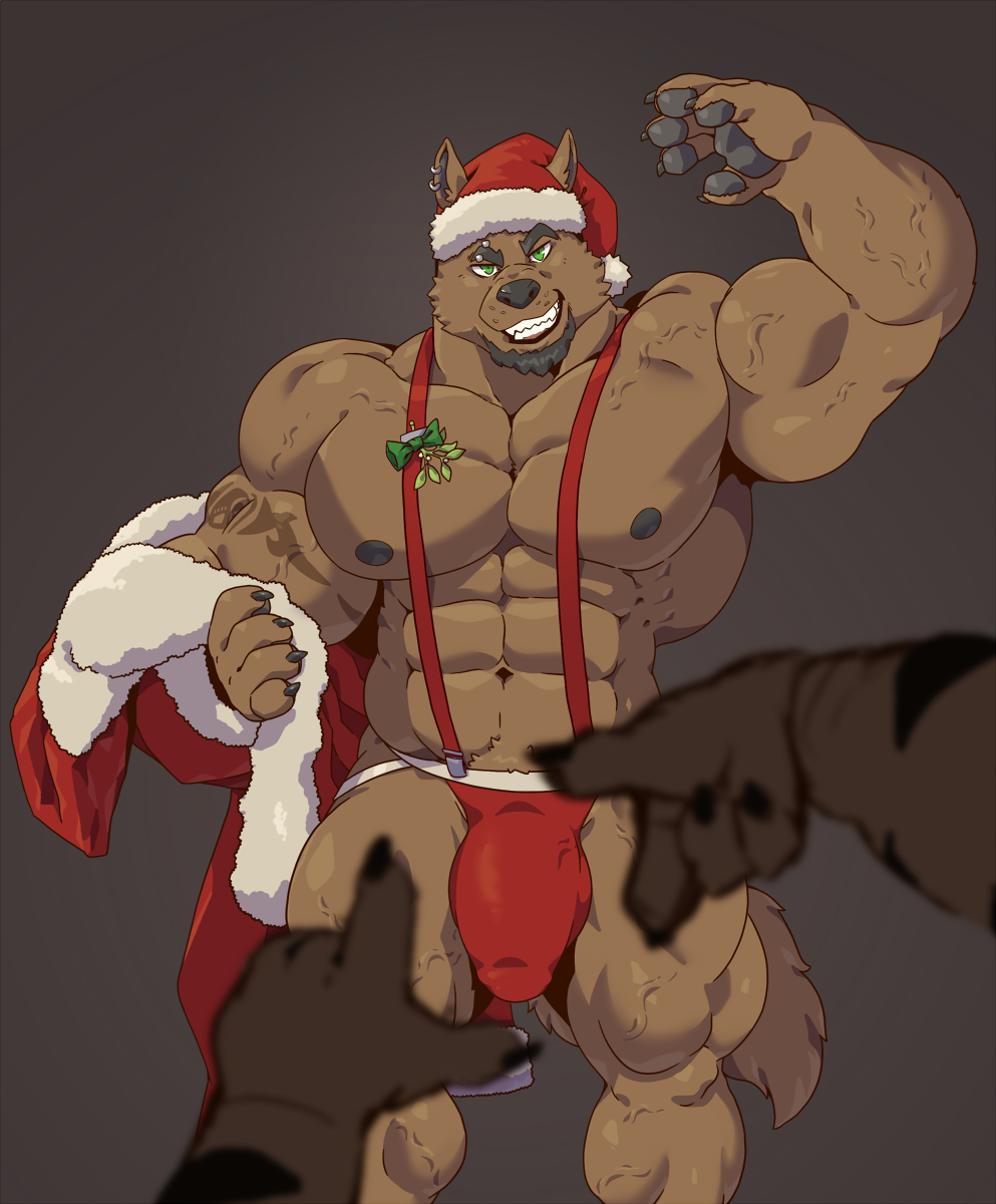 2017 5_fingers abs anthro beard biceps big_bulge big_muscles black_hair black_nipples black_nose brown_body brown_fur bulge canid canine canis christmas clothed clothing ear_piercing ear_ring eyebrow_piercing facial_hair facial_piercing fingers flexing fur green_eyes grin hair hat headgear headwear hi_res holidays huge_muscles jockstrap looking_at_viewer male male_only mammal mistletoe muscular muscular_male nipples pecs penis_outline piercing plant santa_hat simple_background smile standing suspenders taoren tattoo teeth topless tremorwolf underwear veiny_muscles wolf