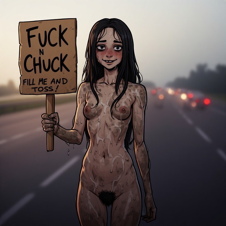 ai generated, black hair, breasts, color, completely naked, completely naked female, completely nude, completely nude female, cum, cum inside request, cum on body, cumdump, dirty, exhibitionism, female, hairy pussy, homeless, homeless female, missing tooth, naked, naked female, neet, neet girl, nipples, nude, nude female, oc, offering self, offering sex, original, original character, outdoors, pervert, pervert female, pubic hair, public nudity, pussy, road, self upload, sign, small breasts, smile, softnsour