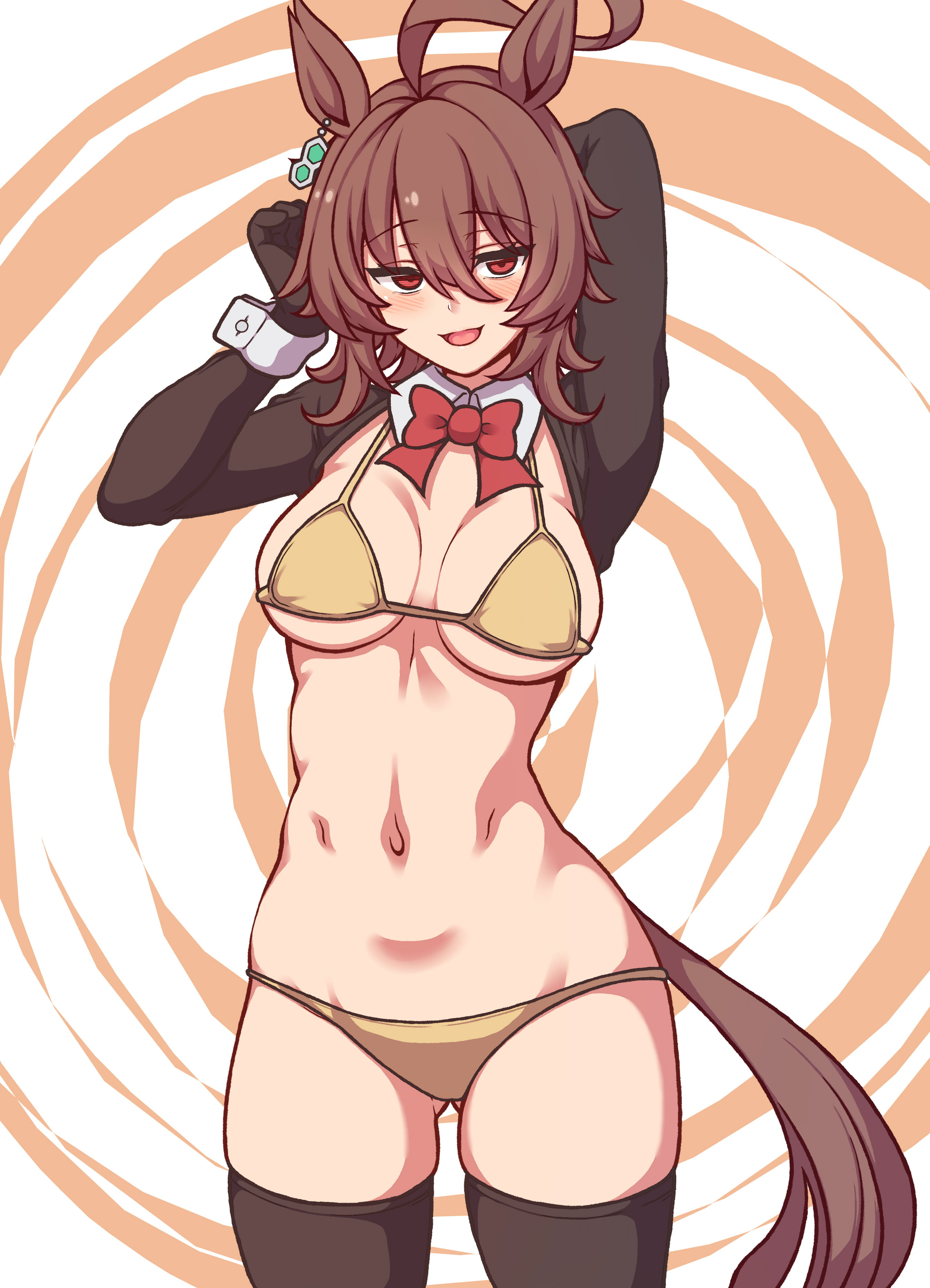 1girl, absurdres, agnes tachyon (umamusume), ahoge, ass visible through thighs, black shrug, black thighhighs, blush, breasts, brown hair, cowboy shot, hakutakuanta, highres, horse ears, horse girl, large breasts, looking at viewer, navel, open mouth, red eyes, reverse outfit, short hair, smile, solo, stomach, thighs, umamusume, umamusume pretty derby, yellow bikini