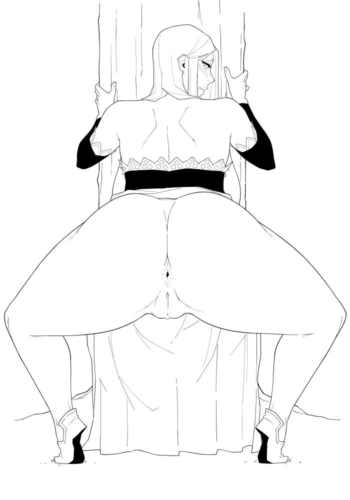 1girls, anus, ass, big ass, dragon's crown, female, female only, khexxi, looking at viewer, looking back, monochrome, pussy, solo, sorceress (dragon's crown)