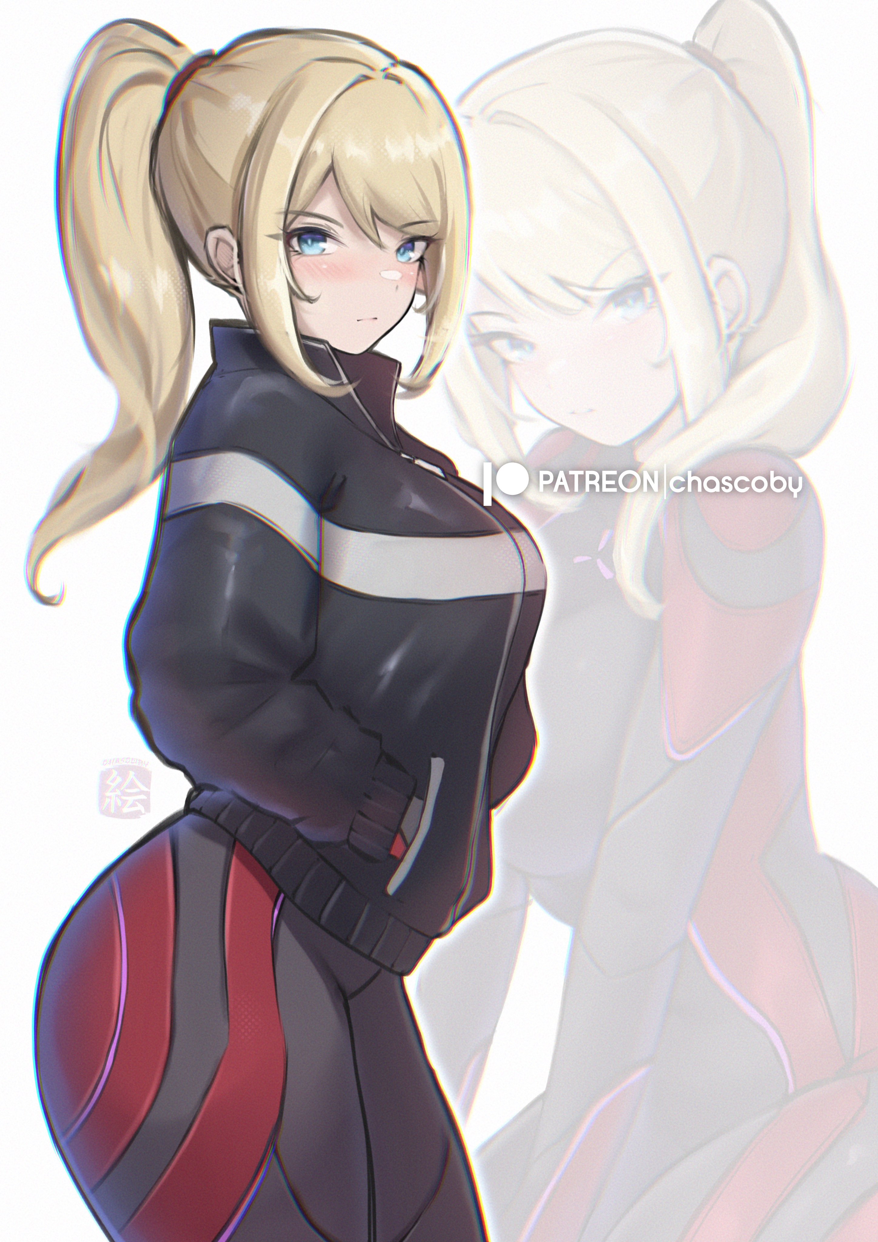 1girl, absurdres, adapted costume, artist name, big breasts, black jacket, blonde hair, blue eyes, blush, blush lines, blushing, bodysuit, breasts, chascoby, child bearing hips, commentary, curvaceous, curvaceous body, curvaceous female, curvaceous figure, curvaceous hips, curvaceous thighs, english commentary, female, female only, hair up, high ponytail, highres, jacket, large breasts, long hair, looking at another, metroid, metroid prime 4: beyond, nintendo, patreon logo, patreon username, ponytail, power suit (metroid), samus aran, sidelocks, solo, vi-o-la suit, waifu, zero suit, zero suit samus