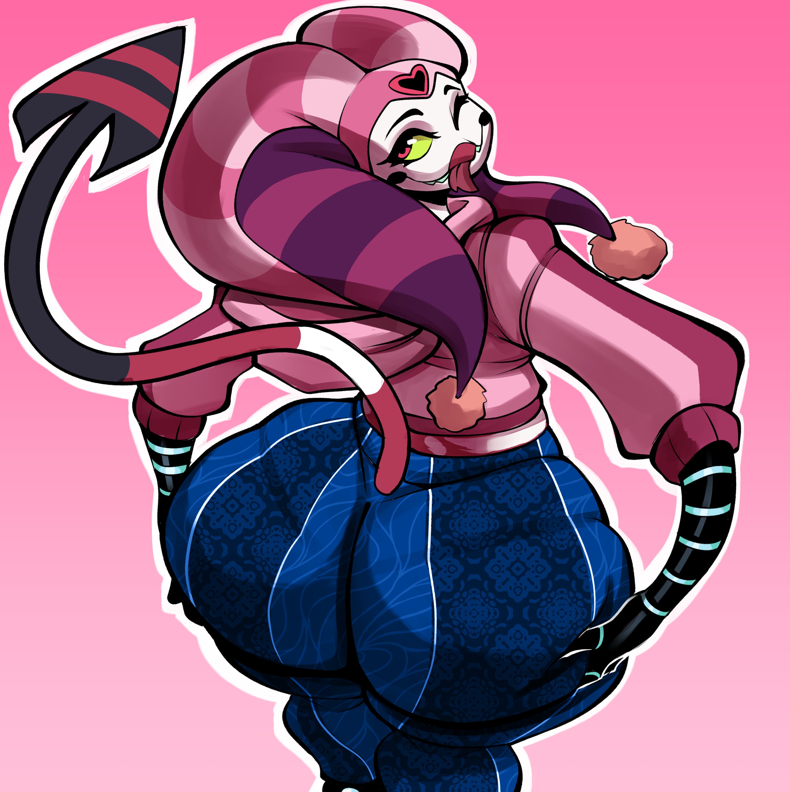 1boy, ass, big ass, bottom heavy, bubble butt, clothing, cyborg, demon, fat ass, femboy, fizzarolli (helluva boss), flare pants, forbidden pants, gluteal fold, hands on ass, hands on own ass, helluva boss, huge ass, imp, large ass, looking back, male, male only, massive ass, nathanatwar, solo, tail, thick ass, thick thighs, tongue, tongue out, whateverdoes, wide hips, wink, winking