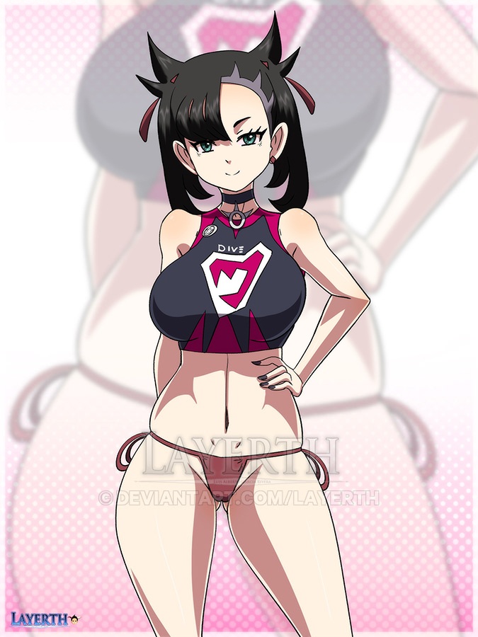 artist_logo artist_name big_breasts bikini_bottom black_hair breasts clothed female game_freak green_eyes hand_on_hip hand_on_own_hip hourglass_figure layerth looking_at_viewer marnie_(pokemon) nintendo pokemon pokemon_ss solo thick_thighs topwear zoom_layer