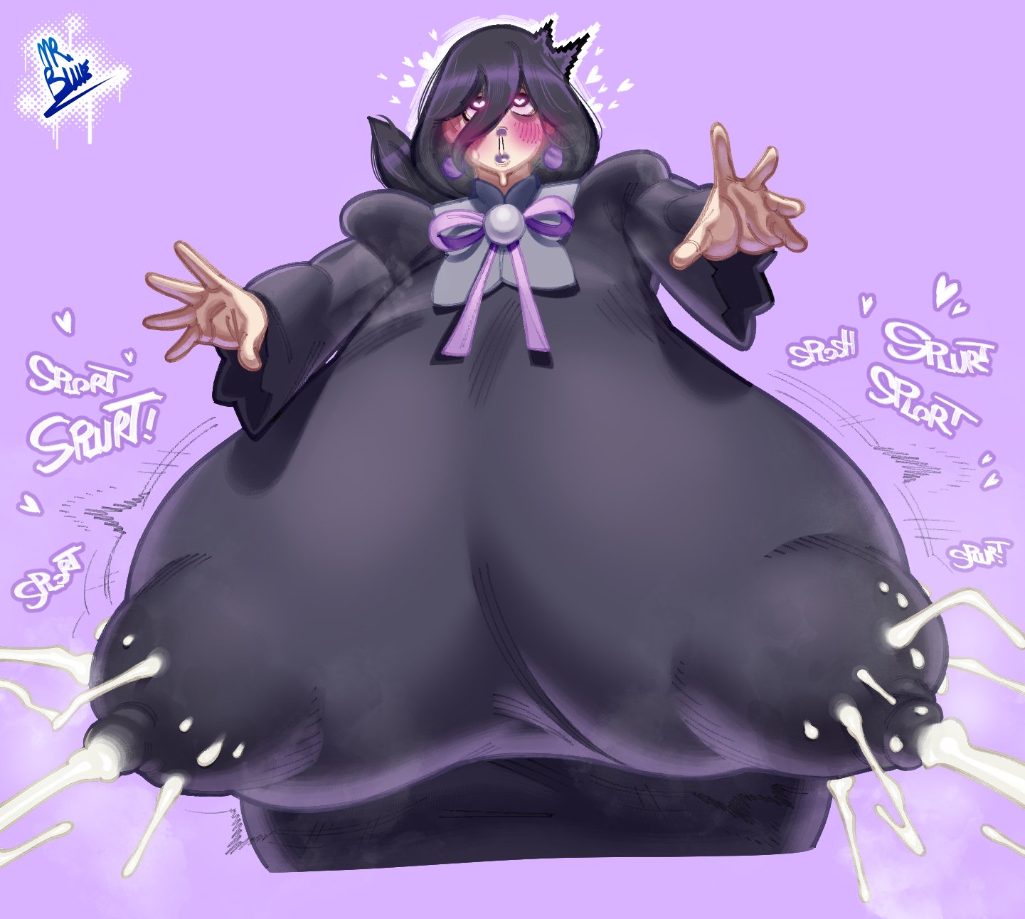 1girls, artist name, blush, breasts, breasts bigger than head, breasts bigger than torso, clothed, clothing, female, game freak, heart-shaped pupils, hex maniac, hex maniac (pokemon legends: z-a), lactation, lactation through clothes, mister blueee, nintendo, pokemon, pokemon legends: z-a, purple background, purple theme, solo, solo female, tagme, text, twitter link
