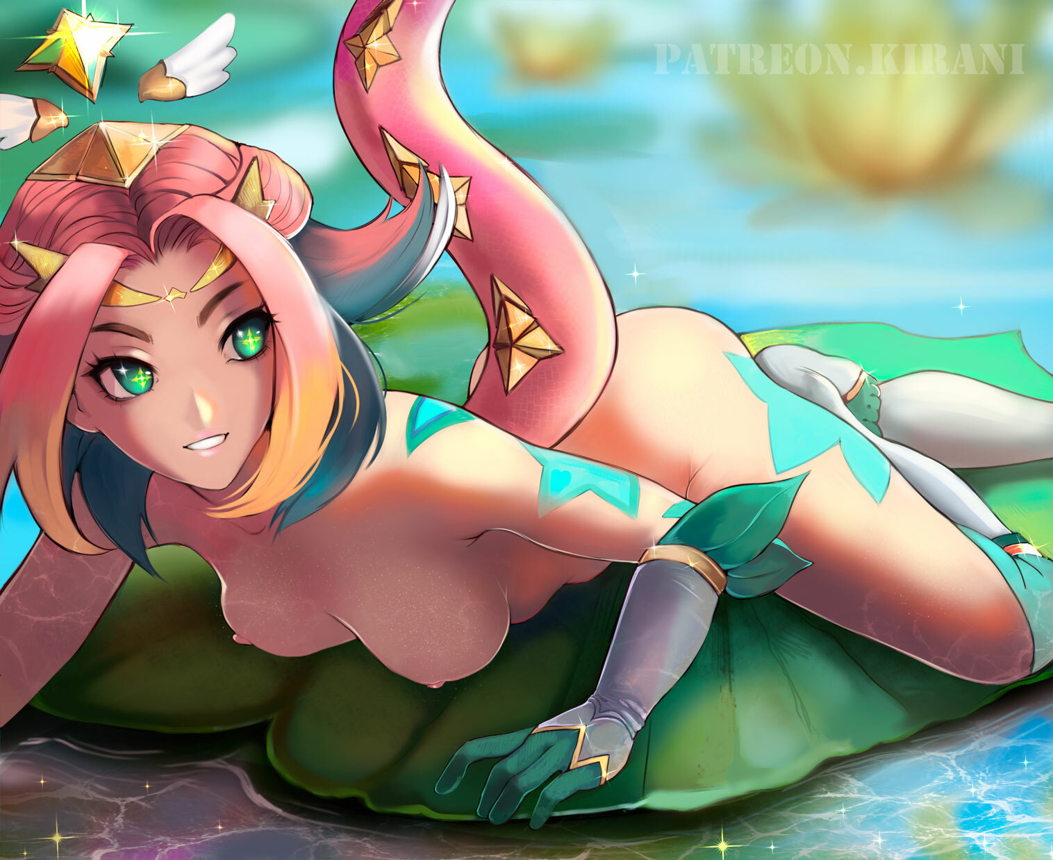 1girls, alternate color, areolae, ass, breasts, female, female only, kirani, league of legends, neeko, nipples, nude, patreon, riot games, solo, star guardian neeko, star guardian series, text, watermark