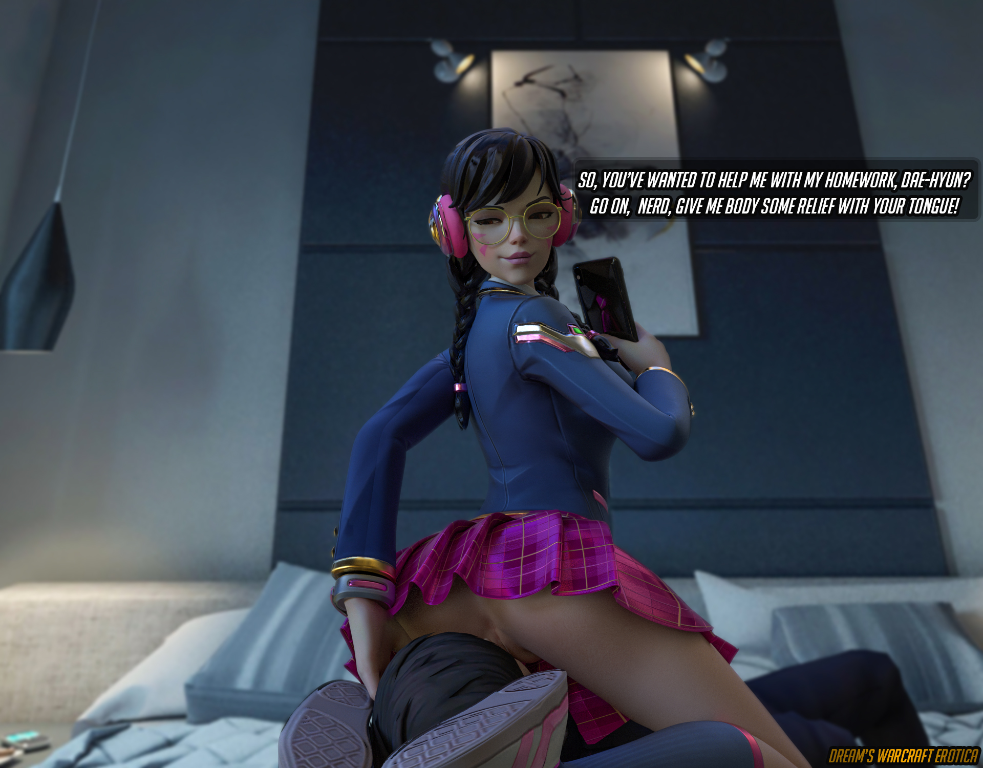 3d, academy d.va, alternate costume, anus, asian, asian female, ass, cuckold, d.va, dae-hyun (overwatch), dreamswarart, facesitting, female, glasses, headset, netorare, overwatch, pussy, school uniform, schoolgirl, shoes, skirt
