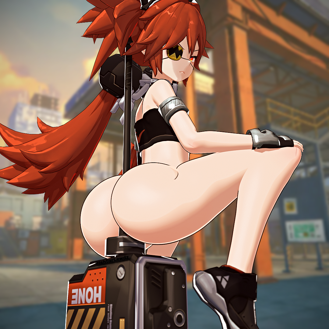1girls, 3d, ass, bottomless, crouching, crouching female, eyepatch, female, female focus, female only, gloves, hammer, hi res, hoyoverse, ishtarlewdz, koleda belobog, light skin, light-skinned female, looking at viewer, looking back, object between ass, partially clothed, red eyes, red hair, shoes, tagme, twintails, zenless zone zero
