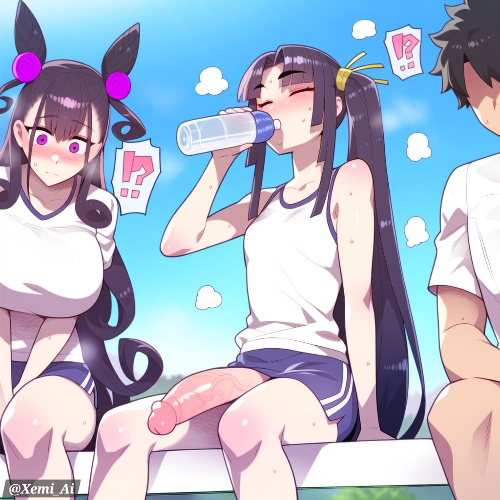 1boy 2girls ?! ai_generated big_breasts black_hair blush blush clueless drinking embarrassed exhibitionism faceless_male fate/grand_order fate_(series) flashing flat_chest fujimaru_ritsuka_(male) gym_uniform half-erect looking_at_penis murasaki_shikibu_(fate) penis_poking_out public purple_eyes shocked sweat sweating text tired ushiwakamaru_(fate/grand_order) veiny_penis water watermark xemi_ai