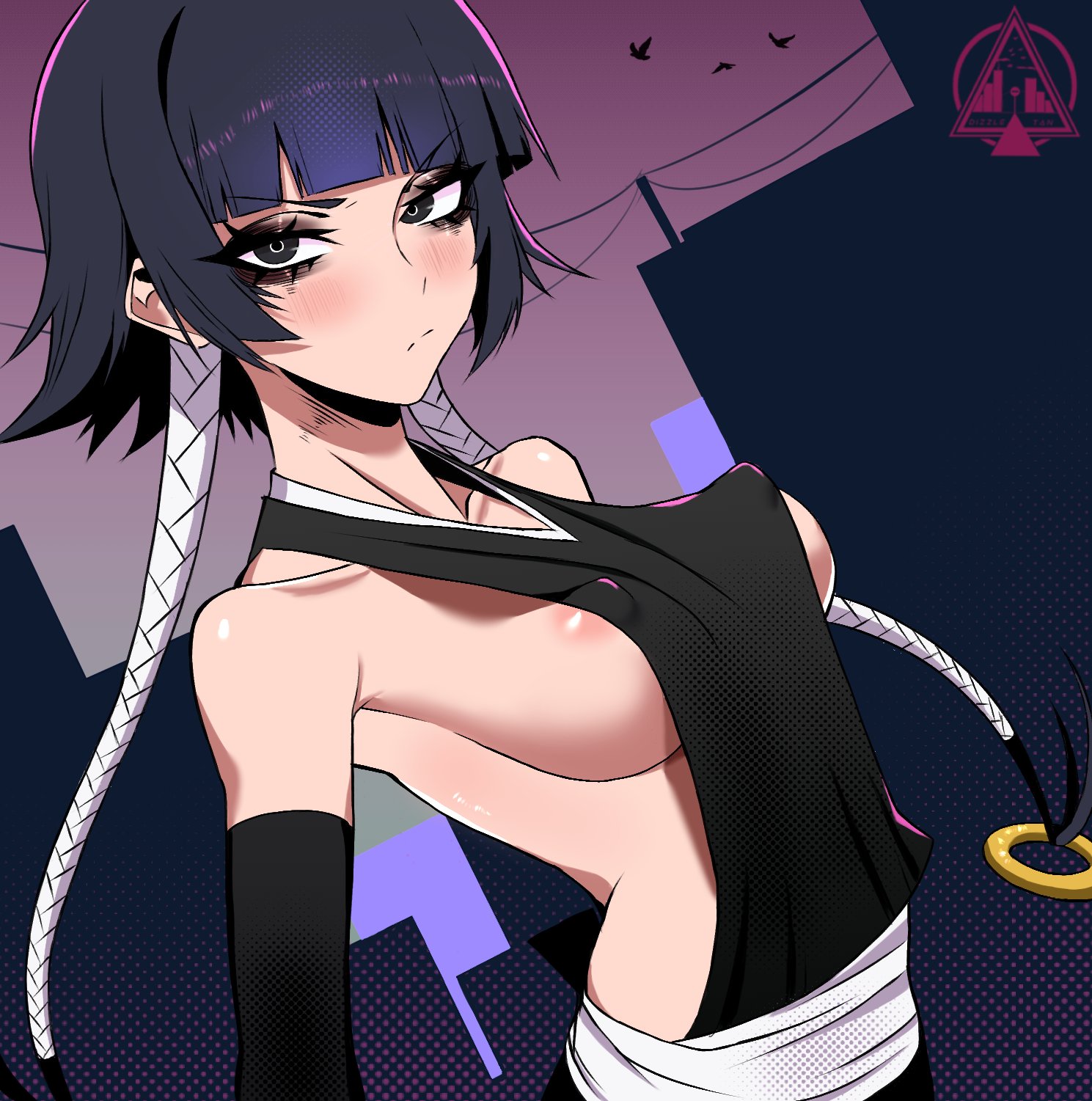 1girls, black hair, bleach, breasts, dizzle tan, elbow gloves, female, looking at viewer, nipples, perky nipples, short hair, sideboob, soifon, sui-feng, tagme, tight clothing