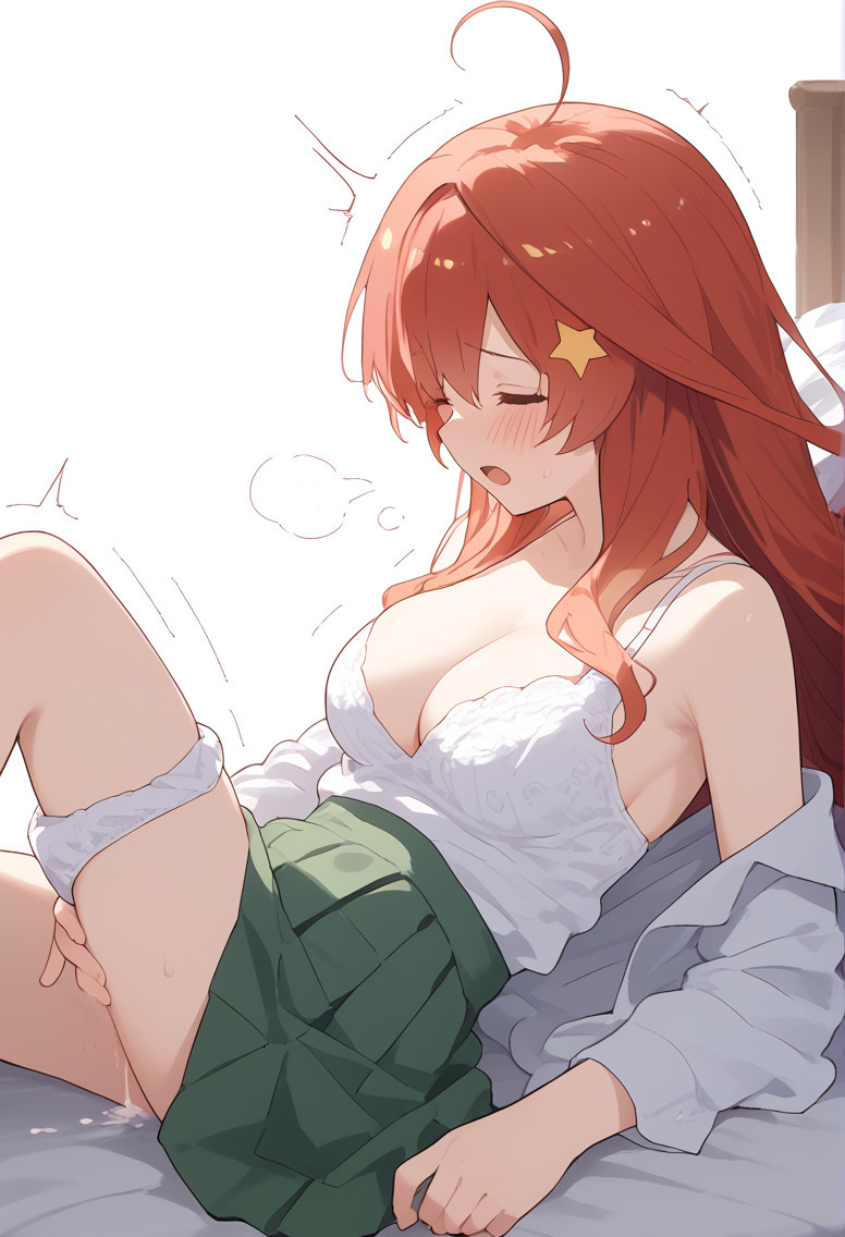 after_masturbation ahoge ai-generated aini-p blush bra breasts cleavage closed_eyes clothed_masturbation female female_ejaculation female_masturbation go-toubun_no_hanayome green_skirt hair_ornament large_breasts masturbation nakano_itsuki open_clothes open_shirt panties panties_around_one_leg pleated_skirt pussy_juice red_hair shirt skirt star_(symbol) star_hair_ornament underwear white_background white_bra white_panties white_shirt