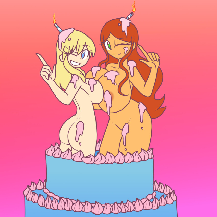 2girls ;) ;d abby_(retropunch) ass back birthday blonde_hair blue_eyes borrowed_character breasts cake candle clara_garcia_(nairod) colored_skin completely_nude dimples_of_venus food green_eyes highres icing index_finger_raised large_breasts long_hair looking_at_viewer looking_back multiple_girls nairod_(dorianbaeza3) navel nipples nude nudist one_eye_closed open_mouth original red_hair simple_background smile teeth very_long_hair