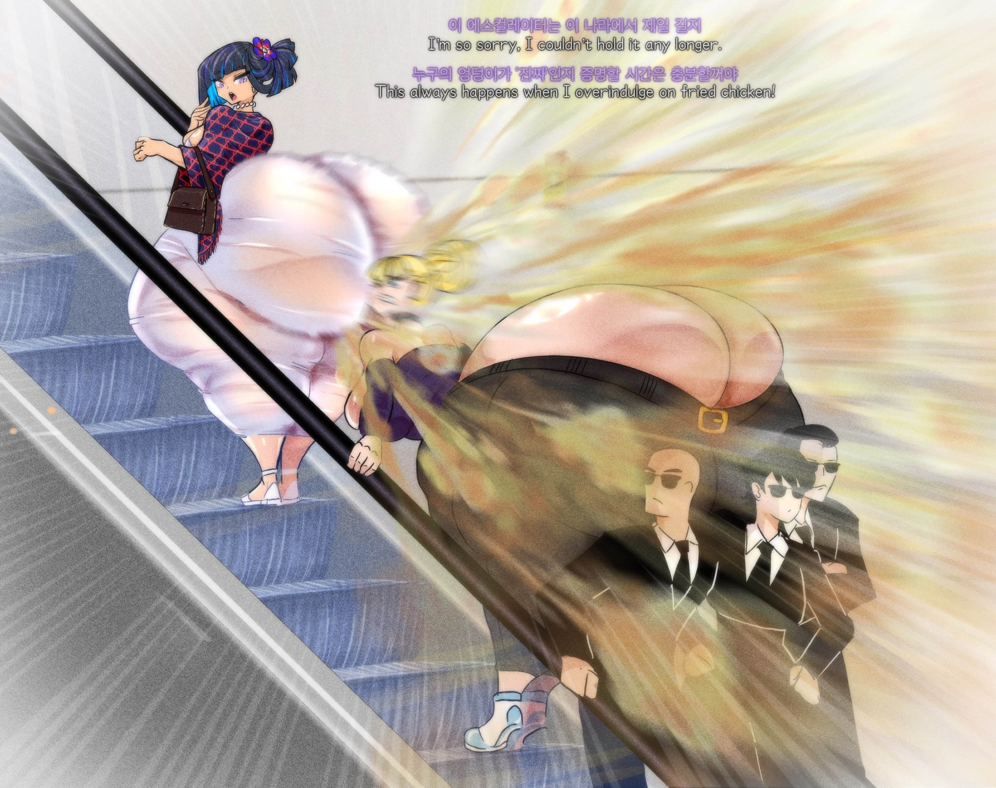 2girls, 3boys, asian female, ass, ass cleavage, ass crack, big breasts, black hair, black leggings, blonde hair, breasts, butt crack, escalator, excessive fart, face in ass, fart, farting, farting in face, female, hyper ass, korean, korean female, leshawk, male, patty campbell, small breasts, white dress, worried expression