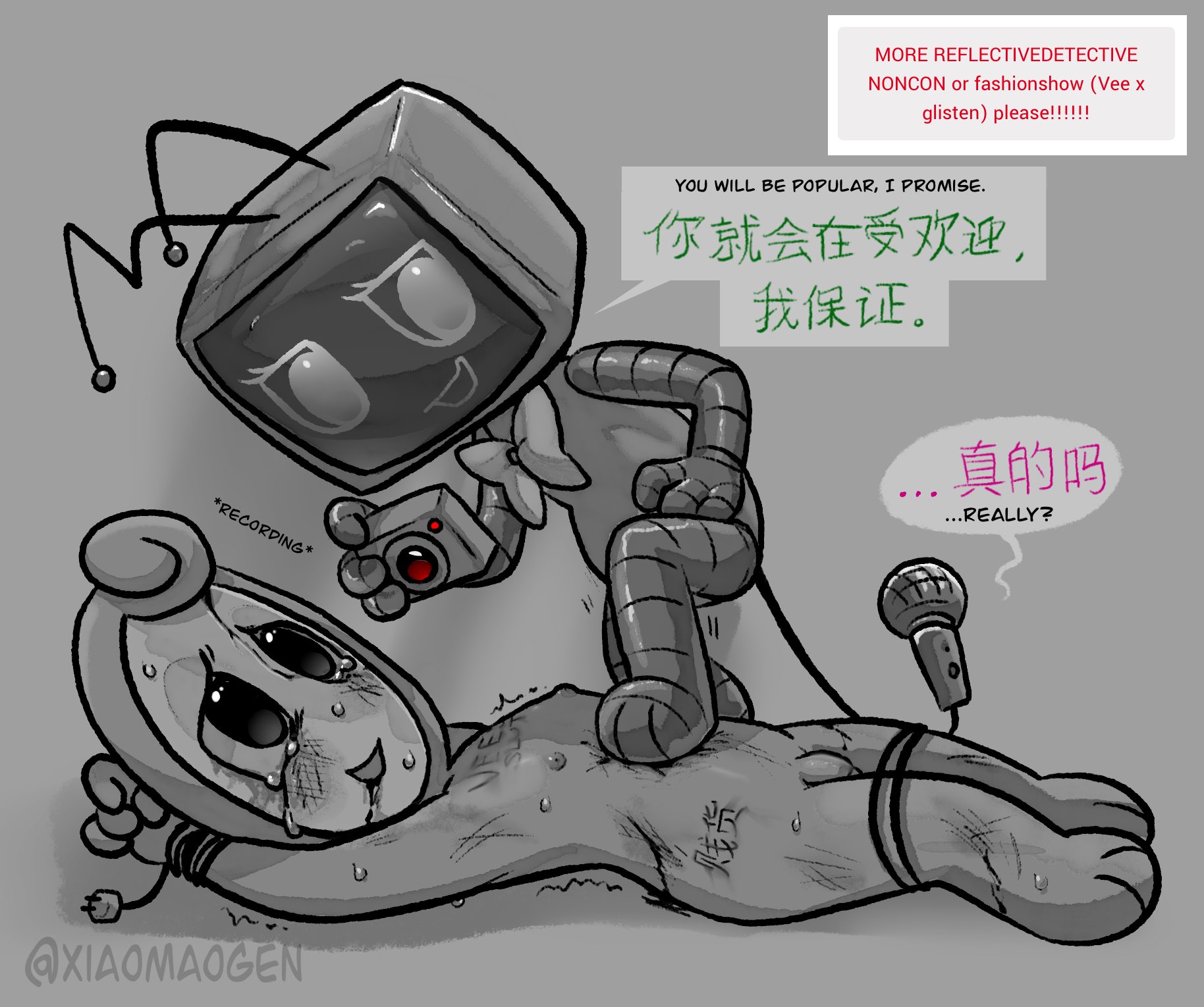 blood, crying, dandy's world, female, femdom, glisten (dandy's world), rape, robot girl, sweat, tied up, torture, tv head, vee (dandy's world), xiaomaogen