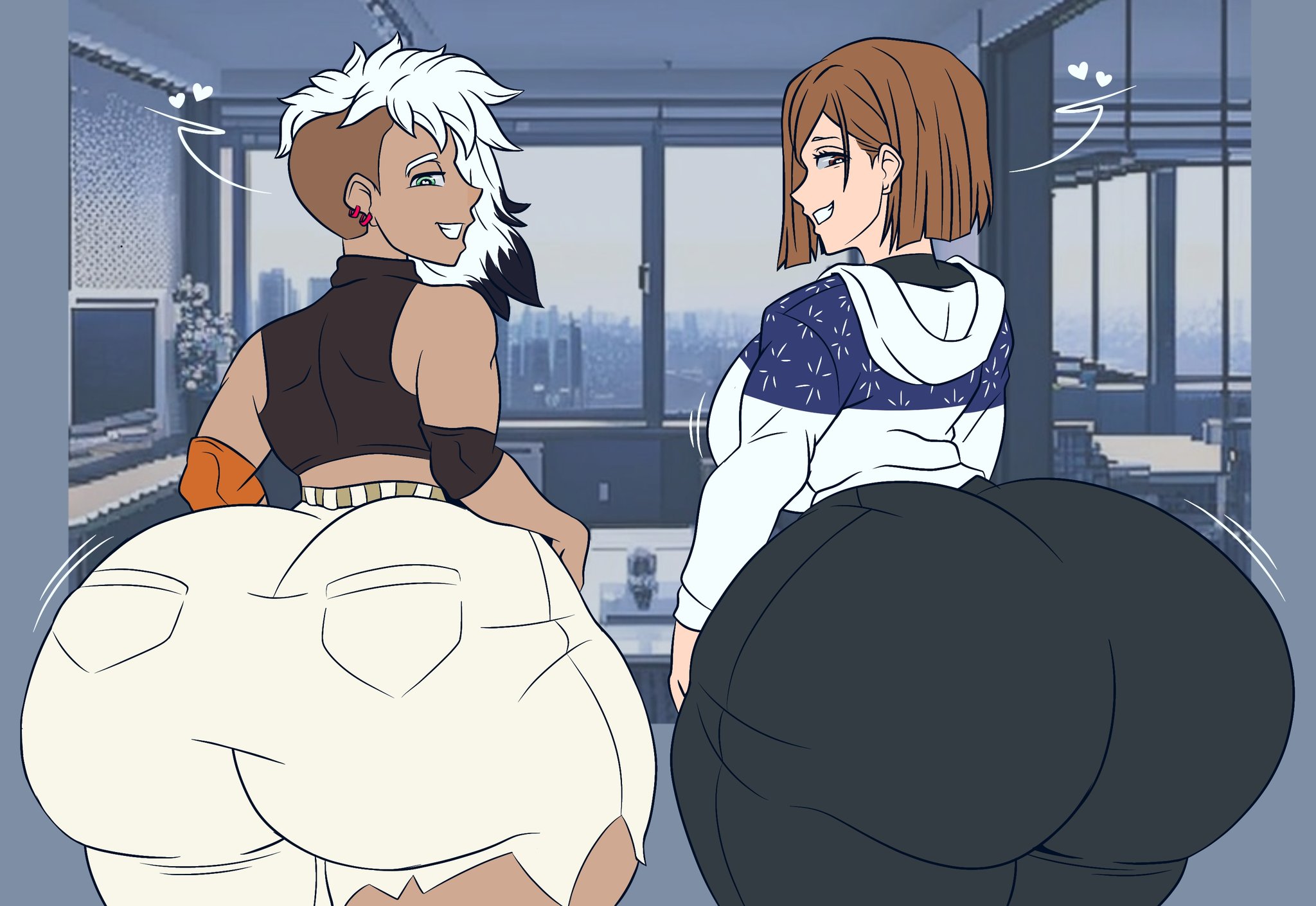 2girls, alternate costume, ass, ass bigger than head, ass bigger than torso, ass body, big ass, big butt, black hair, black pants, bob cut, brown eyes, brown hair, clothed, clothed female, ear piercing, female, female only, green eyes, heart, heart-shaped pupils, jujutsu kaisen, kugisaki nobara, looking at viewer, looking back, looking back at viewer, microsoft, nobara kugisaki, pants, peppermint (hi-fi rush), pierced ears, piercing, rear view, shoulder length hair, side shave, smile, standing, tango gameworks, thick thighs, thighs bigger than head, thighs bigger than torso, torn clothing, torn pants, two-tone hair, viewed from behind, white hair, white pants, zoultan