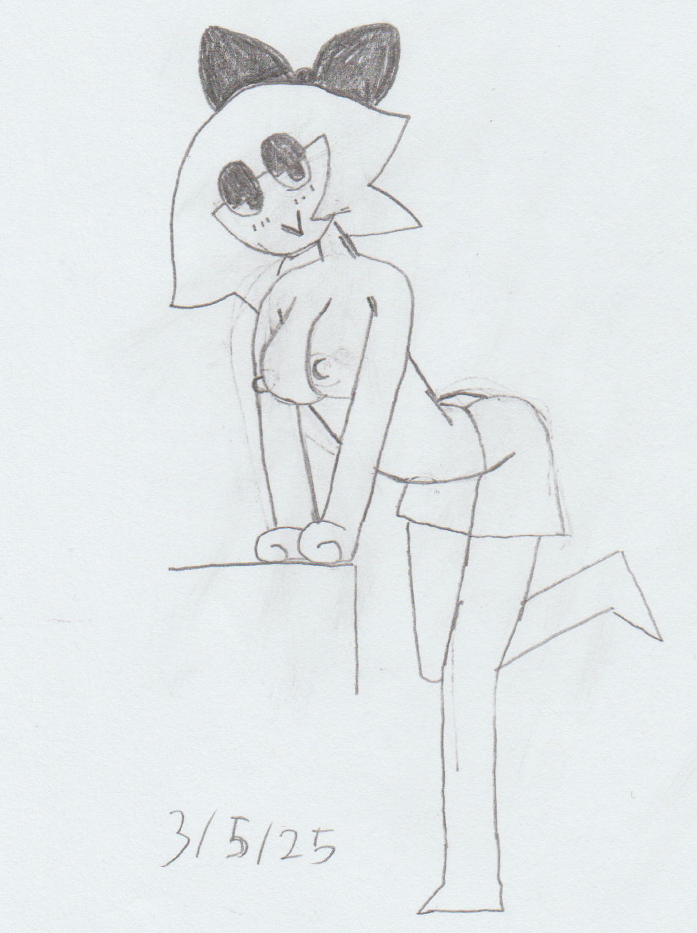 :&gt; alternate_version_at_source ass_up barefoot bent_forward big_bow blush breasts breasts_between_arms cypopps dated erect_nipples half-closed_eyes leaning_on_table nodders one_leg_raised pencil_(artwork) self-upload short_hair shorts_only topless youtuber