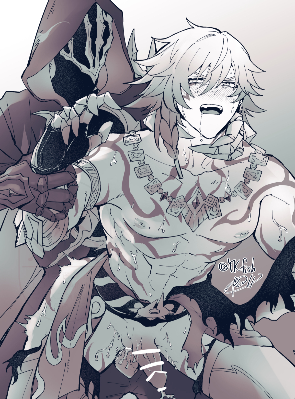 2boys, anal, anal sex, flame reaver (honkai: star rail), gay, honkai: star rail, male, male only, male/male, monochrome, muscular, muscular bottom, mydei (honkai: star rail), precum, rough handling, saliva, size difference, tattoos, yaoi