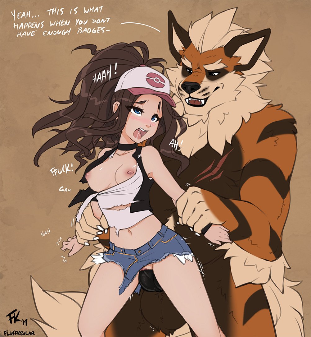 1boy 1girls 2019 anthro arcanine arm_grab balls big_balls black_penis blue_eyes blush breasts brown_background brown_hair canid canine clothed clothing duo english_text female female_on_anthro fluff-kevlar from_behind_position fur furry hair half-closed_eyes hat headgear headwear hilda_(pokemon) human human_on_anthro interspecies knot kona_(fluff-kevlar) larger_male male mammal navel nintendo open_mouth orange_body orange_fur original_character partially_clothed penetration penis poképhilia pokemon pokemon_(species) pokemon_bw pokemon_rgby prison_guard_position pussy questionable_consent scar sex sharp_teeth simple_background size_difference smaller_female standing standing_sex teeth text torn_clothing vaginal_penetration video_games