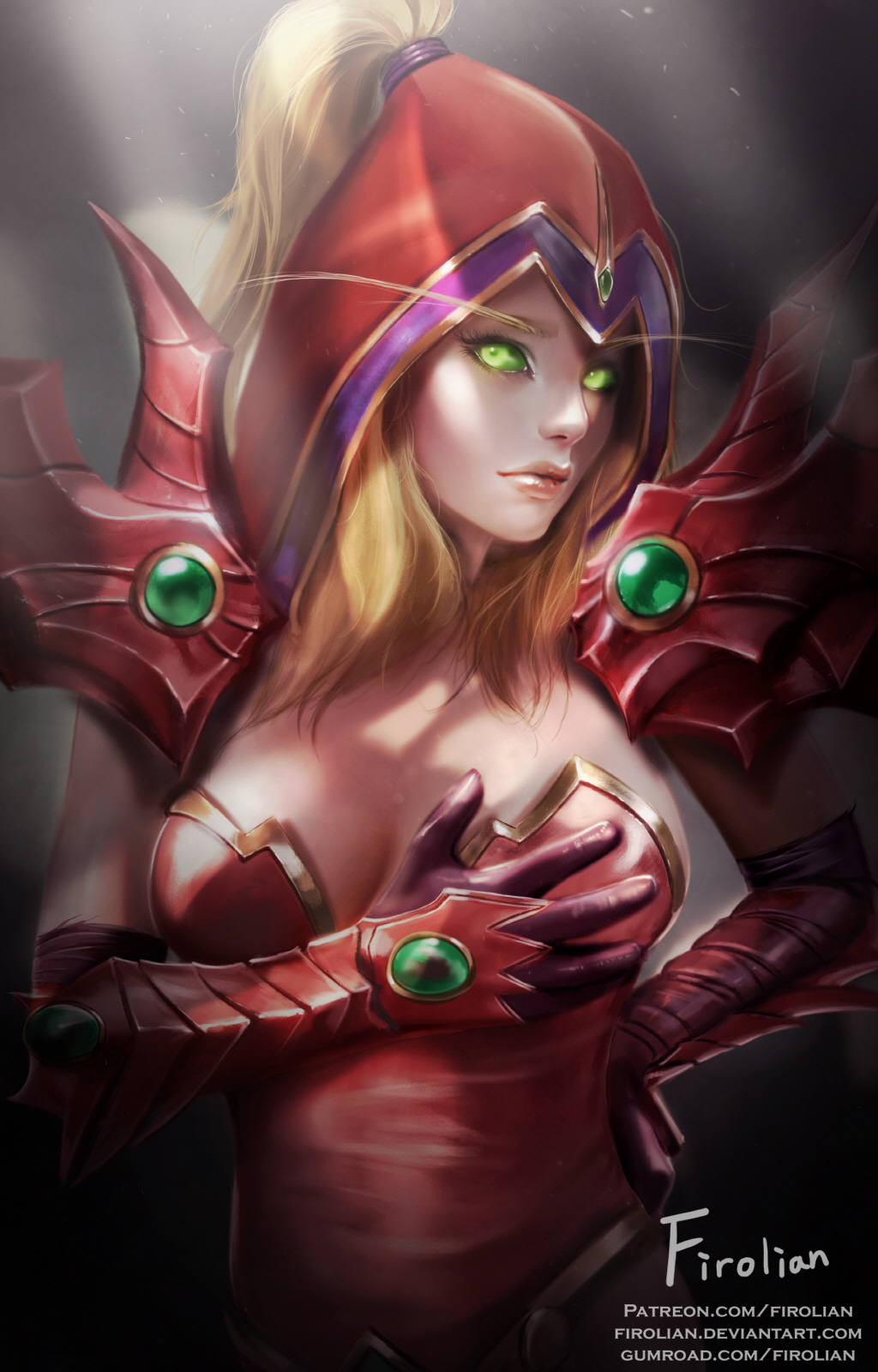 blonde female, blonde hair, blood elf, female, firolian, green eyes, valeera sanguinar, world of warcraft