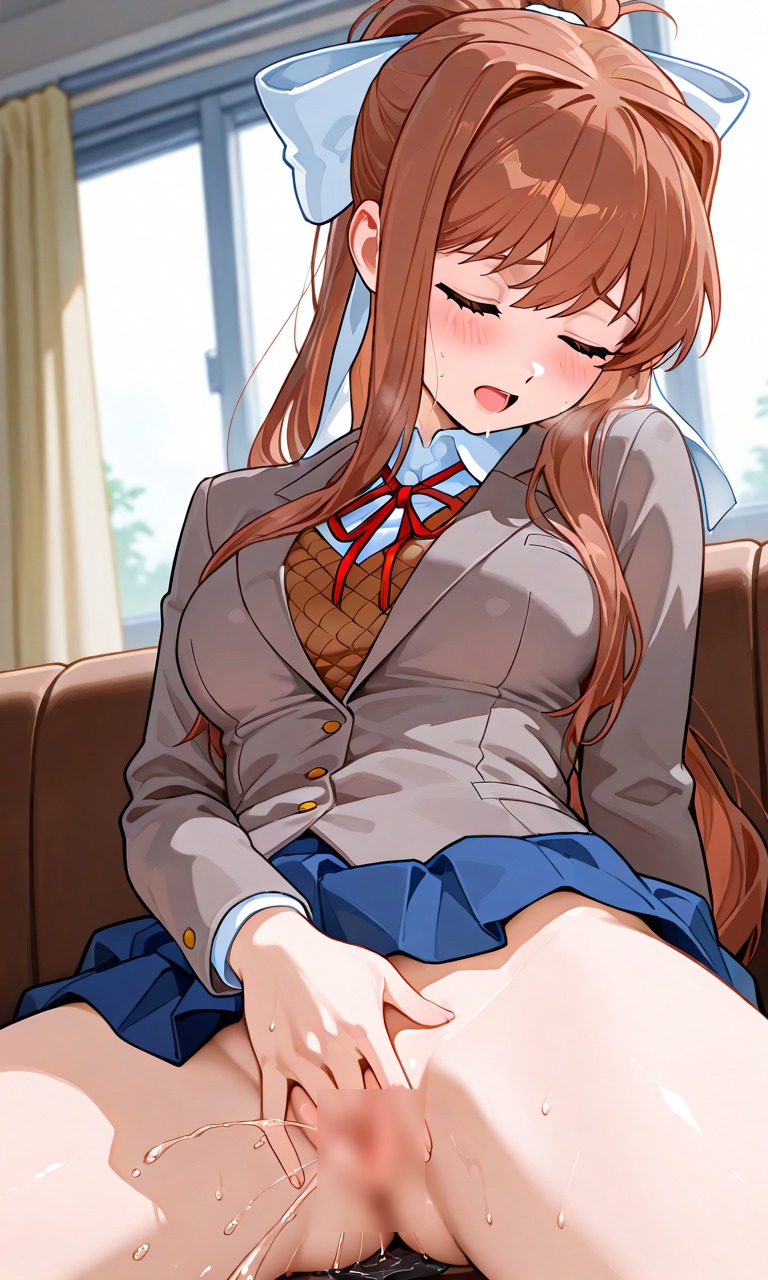 1girls ai_generated ass_visible_through_thighs blur_censor bodily_fluids bottomless breasts brown_hair censored censored_genitalia censored_pussy closed_eyes couch doki_doki_literature_club female female_masturbation fingering fingering_pussy fingering_self fingers hair hair_ornament hair_ribbon jacket long_hair looking_pleasured masturbation monika_(doki_doki_literature_club) no_panties open_mouth partially_clothed pussy pussy_juice seated shirt sitting skirt skirt_lift skirt_up solo squirting starbell sweat thick_thighs thighs wet