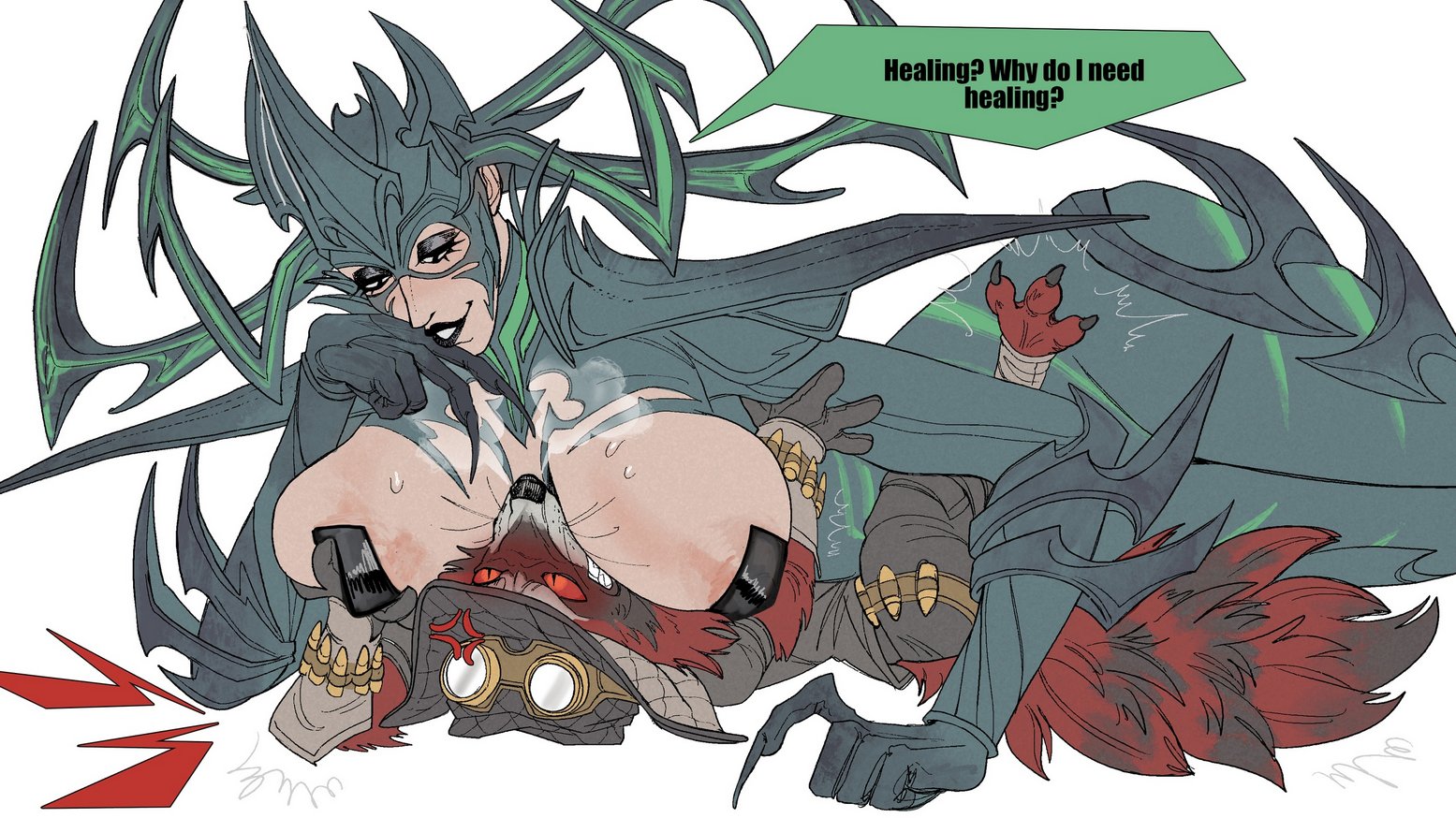 1boy, 1girls, 2d, 2d (artwork), anthro, boalizard, breasts, breasts focus, brown fur, clothed, clothed female, clothing, english, english dialogue, english text, female, female on top, femdom, fur, guardians of the galaxy, heavy breathing, hela, hela (marvel rivals), human on anthro, interspecies, light skin, light-skinned female, male, male/female, malesub, mammal, marvel, marvel comics, marvel rivals, raccoon, rocket raccoon, rocket raccoon (marvel rivals), speech bubble, tagme, villain, villainess
