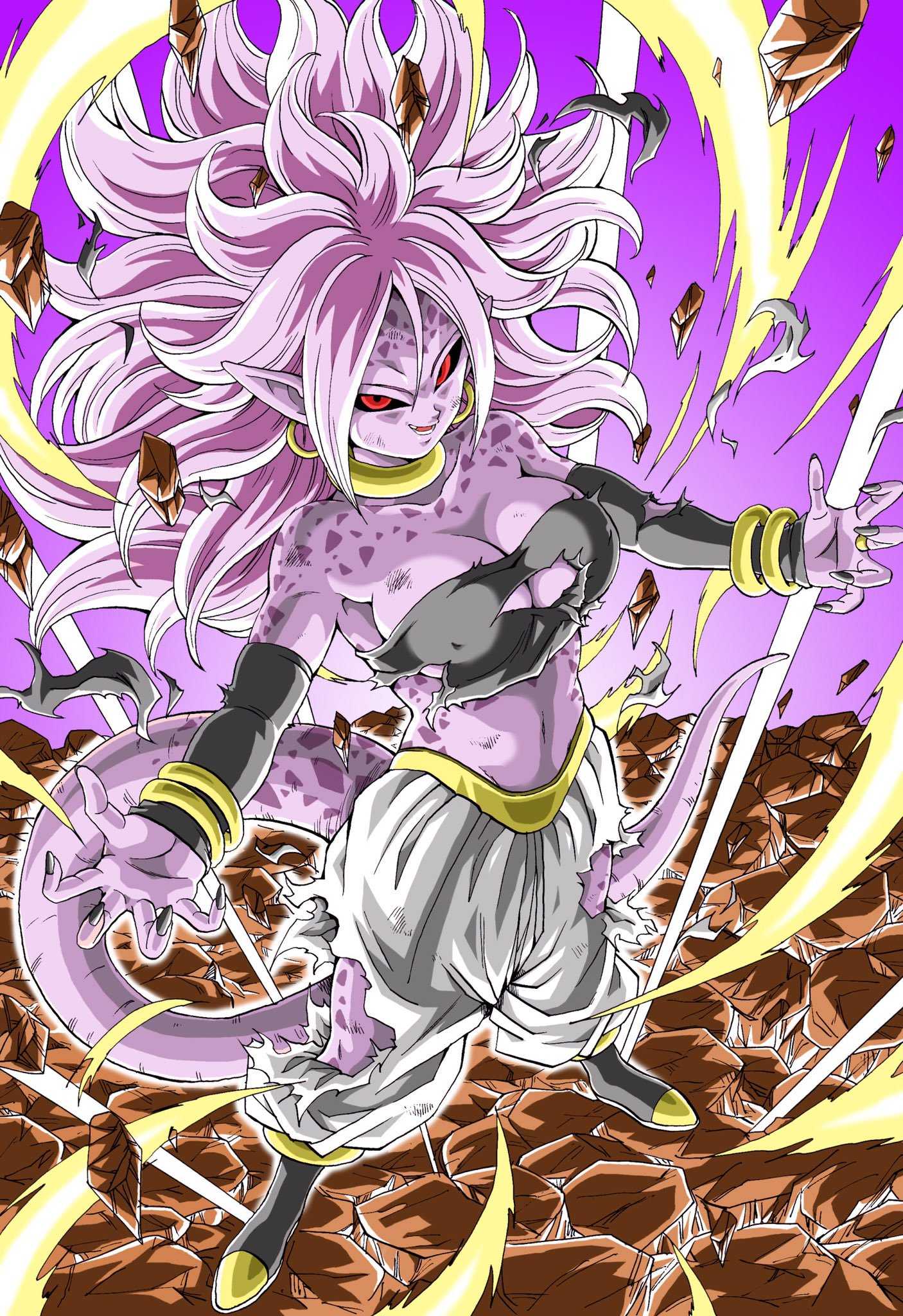 1girls 2010s android_21 android_21_(evil) black_sclera breasts dark_persona dragon_ball dragon_ball_fighterz female hoop_earrings humanoid long_hair majin majin_android_21 monster_girl pants pointy_ears purple_skin red_eyes tail tubetop white_hair youngjijii