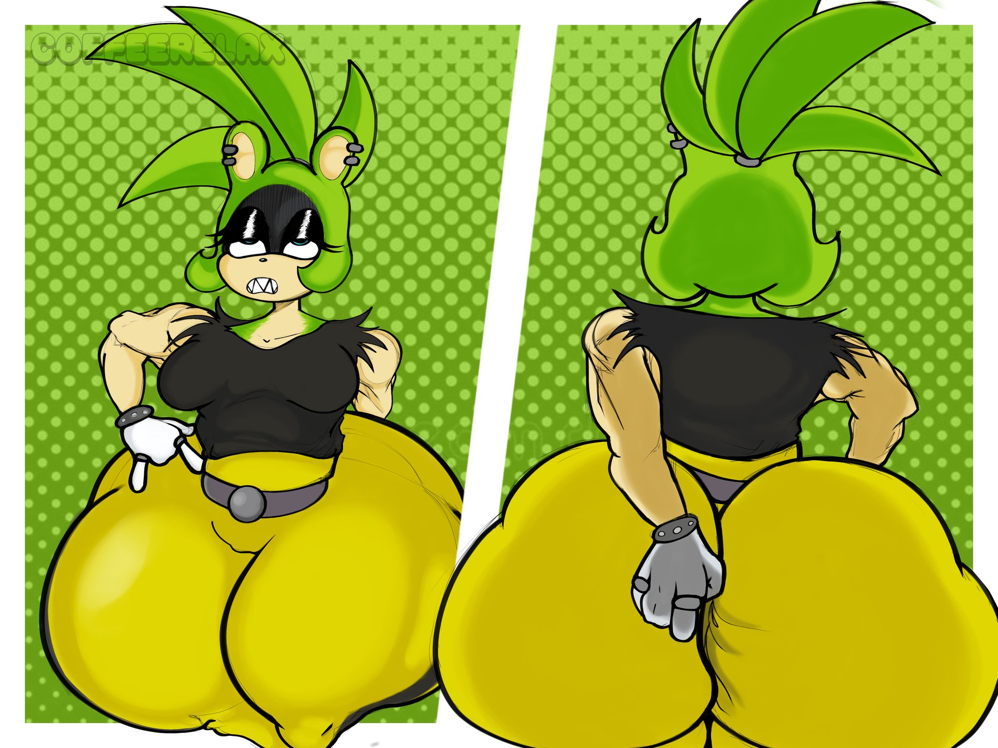 1girls, annoyed, ass, ass focus, ass grab, back view, big ass, blue eyes, bracelet, bracelets, breasts, butt digging, coffeerelax , digging up in they ass, female, front view, grabbing, green hair, itching, mobian (species), scratching, small breasts, solo, sonic (series), sonic the hedgehog (idw), surge the tenrec, tied hair