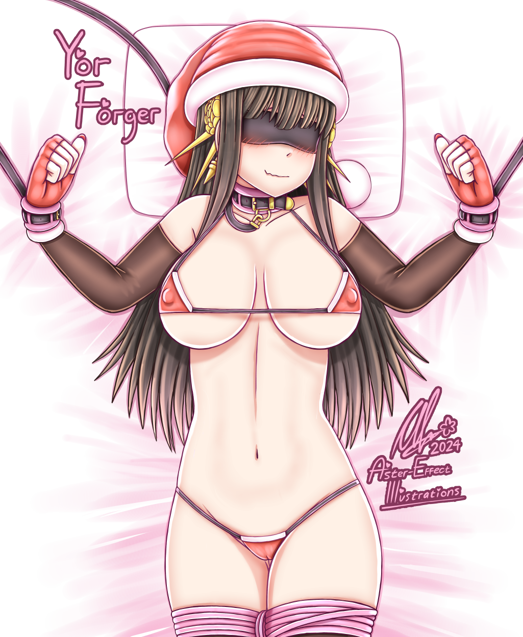 2d 2d_(artwork) aster-effect bed bedroom black_hair blindfold blindfolded blush bondage bound breasts collar female female_focus female_only femsub human human_only leash leash_and_collar light-skinned_female light_skin looking_at_viewer pillow red_eyes restrained rope rope_bondage spy_x_family yor_forger