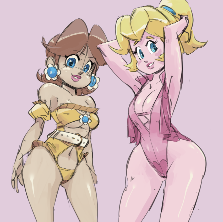 2girls, armpits, arms behind head, arms up, ass, belt, big ass, big breasts, blonde hair, blue eyes, breasts, brown hair, c-smut-run, cleavage, clothing, csmutrun, curvaceous, curvy, earrings, female, female only, grey background, large breasts, lipstick, looking at viewer, mario (series), multiple females, multiple girls, navel, nintendo, one-piece swimsuit, pink lipstick, pink swimsuit, ponytail, princess daisy, princess peach, simple background, smile, swimsuit, thick, thick lips, thick thighs, thighs, tied hair, video games, voluptuous, wide hips, yellow swimsuit