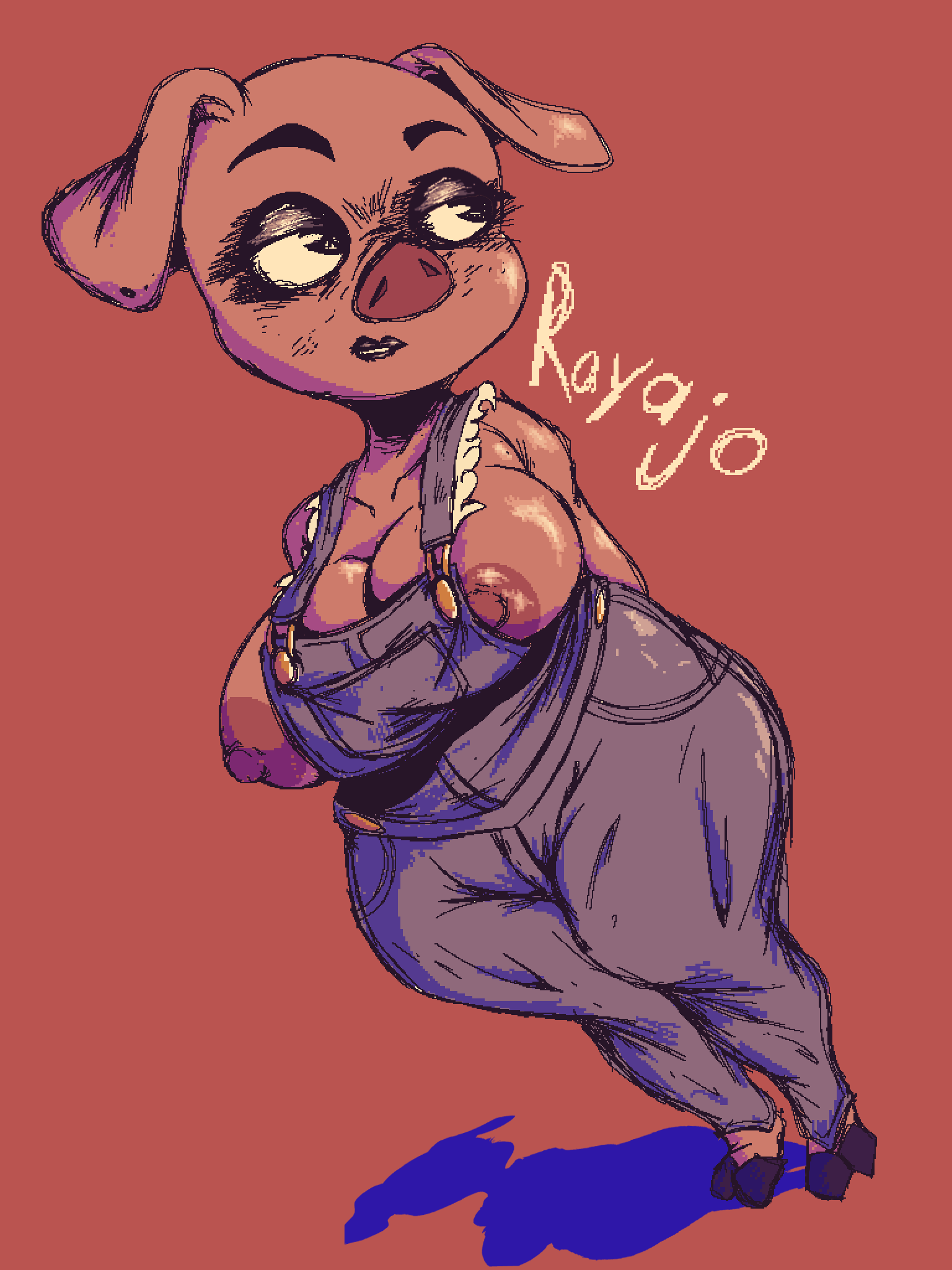 anthro areola areola_slip big_breasts breasts clothed clothing domestic_pig female hi_res makeup mammal nipples nude overalls overalls_only puffy_nipples rayajo short_stack simple_background solo suid suine sus_(pig) text thick_thighs