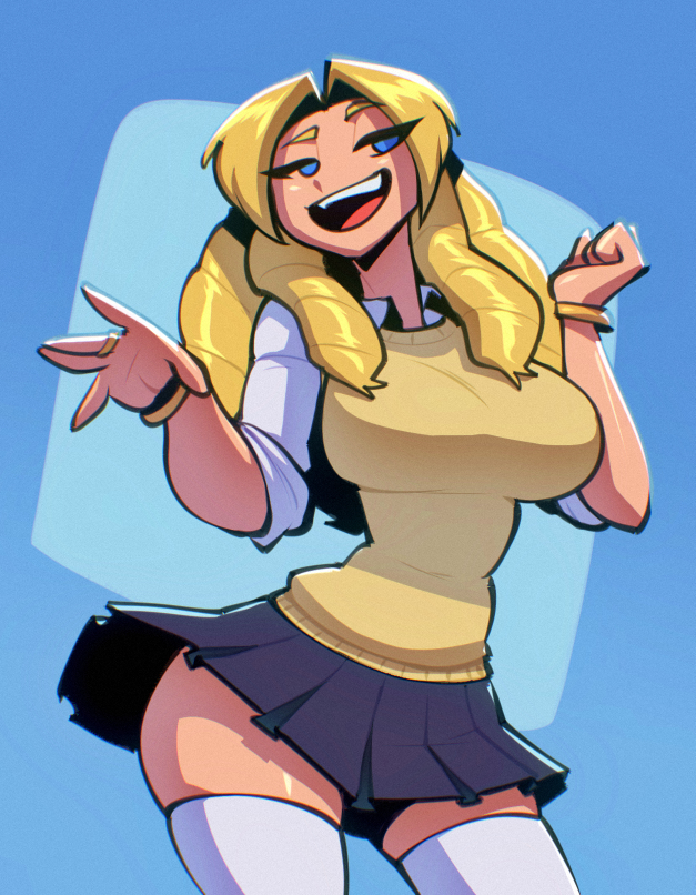 1girls, bare arms, bare thighs, big breasts, bigdad, blonde hair, blue eyes, breasts, clothed, clothing, color, female, female only, hi res, large breasts, light skin, light-skinned female, long hair, looking at viewer, open mouth, original, original character, solo, solo female, tagme, thick thighs