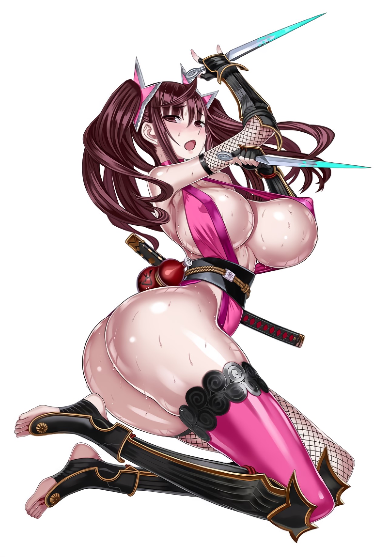 1girls, ass, barefoot, big breasts, blush, breasts, brown eyes, brown hair, erect nipples, female, female focus, female only, full body, highres, holding, holding weapon, honjou raita, huge breasts, japanese clothes, kunai, kuramoto erika, large breasts, mahou shoujo (raita), ninja, nipples, official art, open mouth, oppai, revealing clothes, shiny skin, solo, sweat, sword, twintails, voluptuous, voluptuous female, weapon, zettai junpaku mahou shoujo